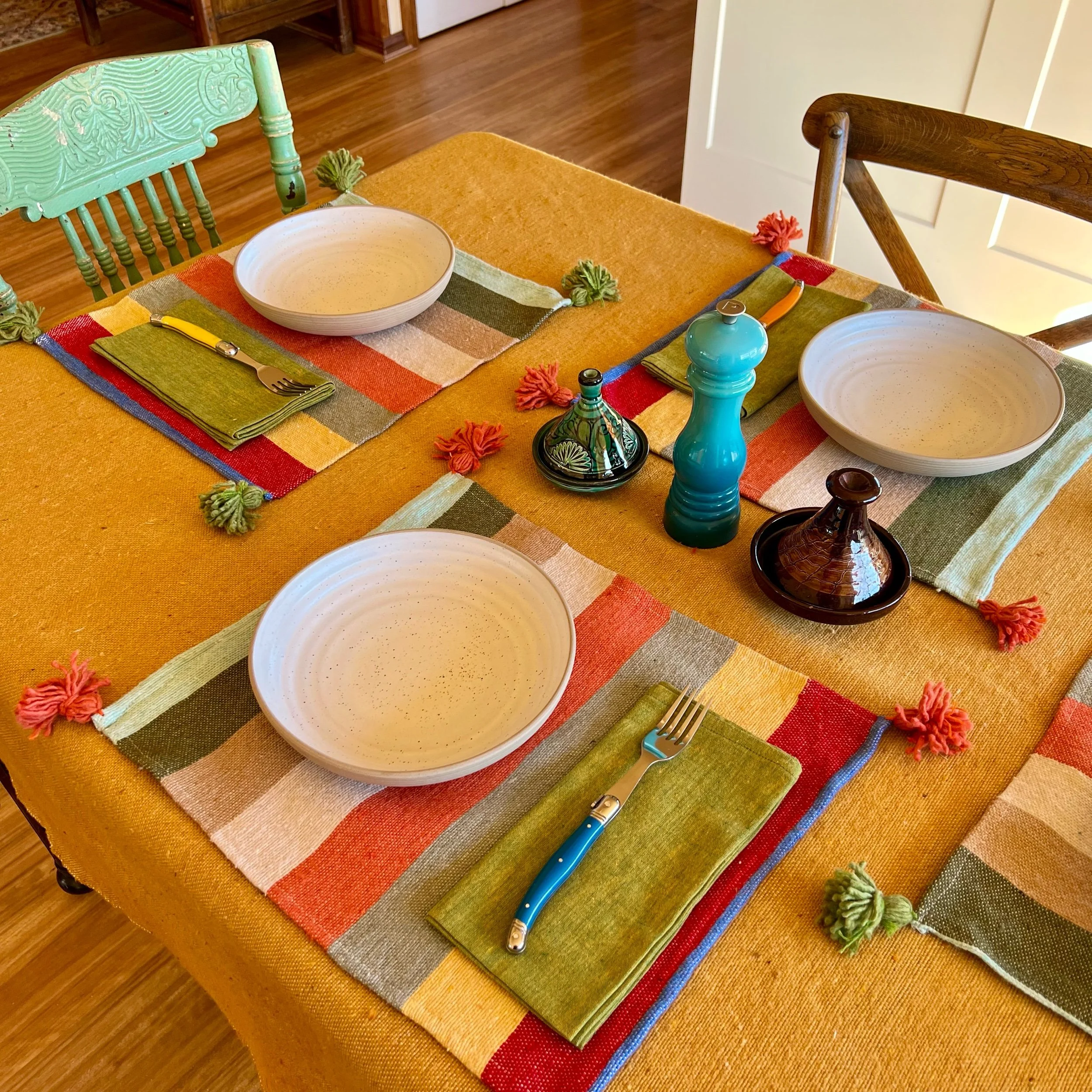 Pom Pom Placemats - Leaf & Orange Stripes (set of 4)