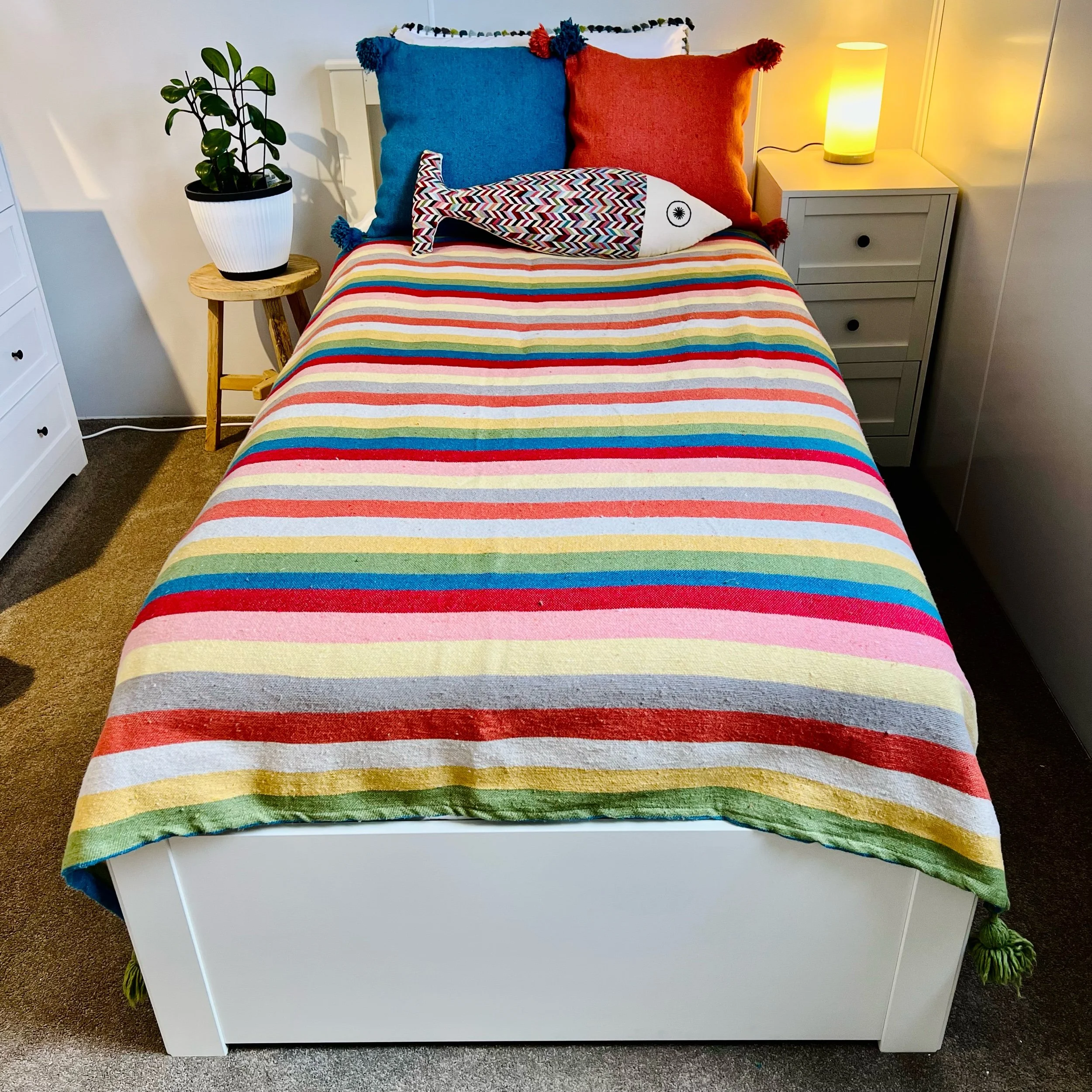 Pom Pom Blanket - Multi Colour Stripes (Single size)