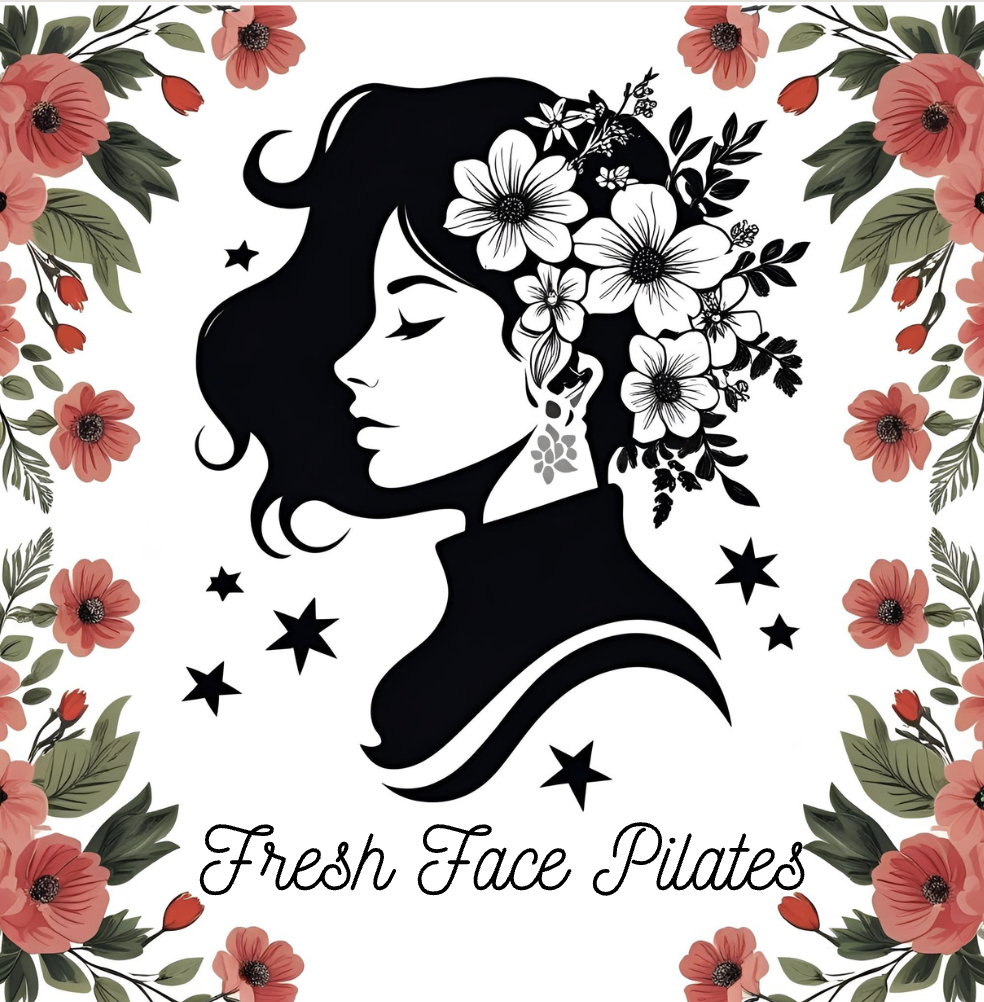 Illustration of a woman's face in profile with flowing hair adorned with flowers, surrounded by a floral border, with the text 'Fresh Face Pilates' underneath.