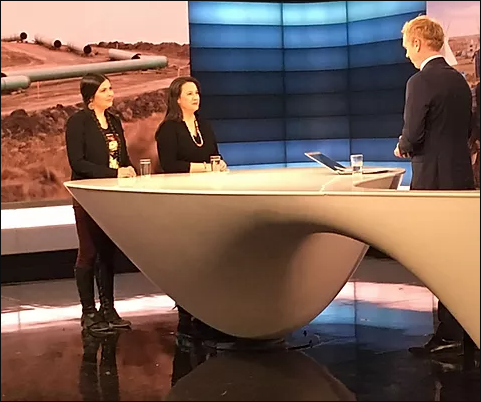  Tara Houska and Dr. Sara Jumping Eagle on national television in Norway speaking out for divestment - Photo via WECAN International 