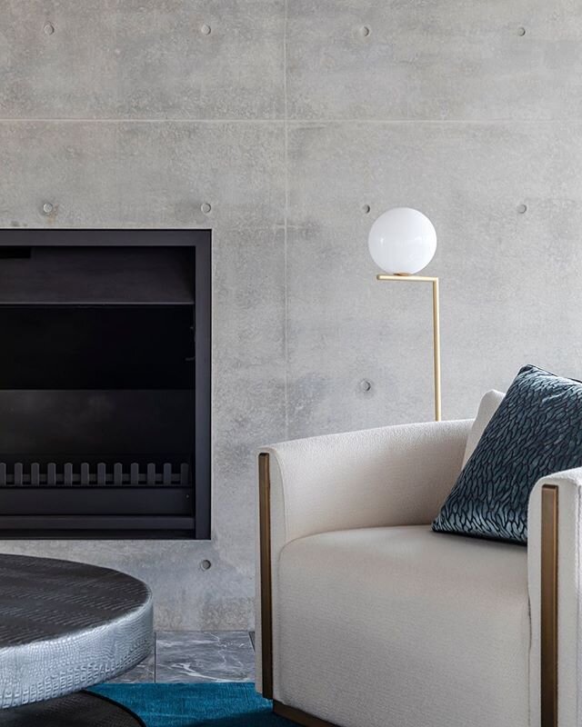 Formal Lounge Room in our MANLY HOUSE⁠ | Hard finishes, selections of greys, ocean blues and creams for timeless appeal. Custom sofas with brass detailing, paired with a coffee table upholstered in faux leather for layered interest and practicality. 