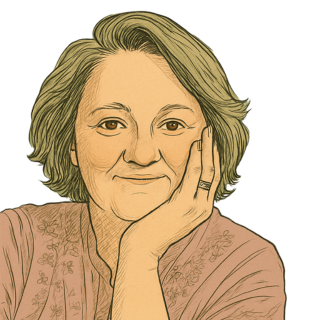 A woman with shoulder-length hair resting her chin on her hand, smiling softly, wearing a patterned top.