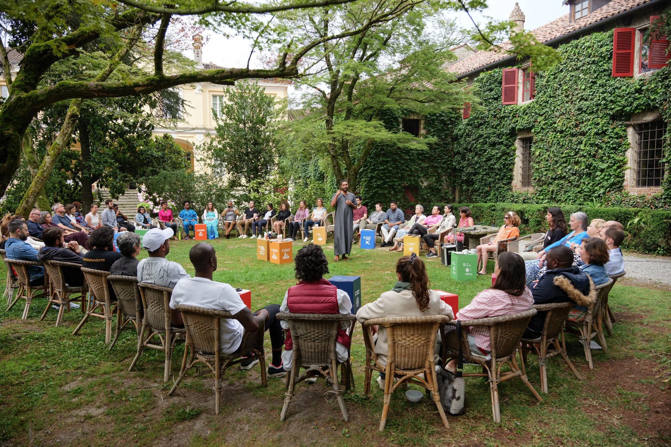 team meeting in castle grounds