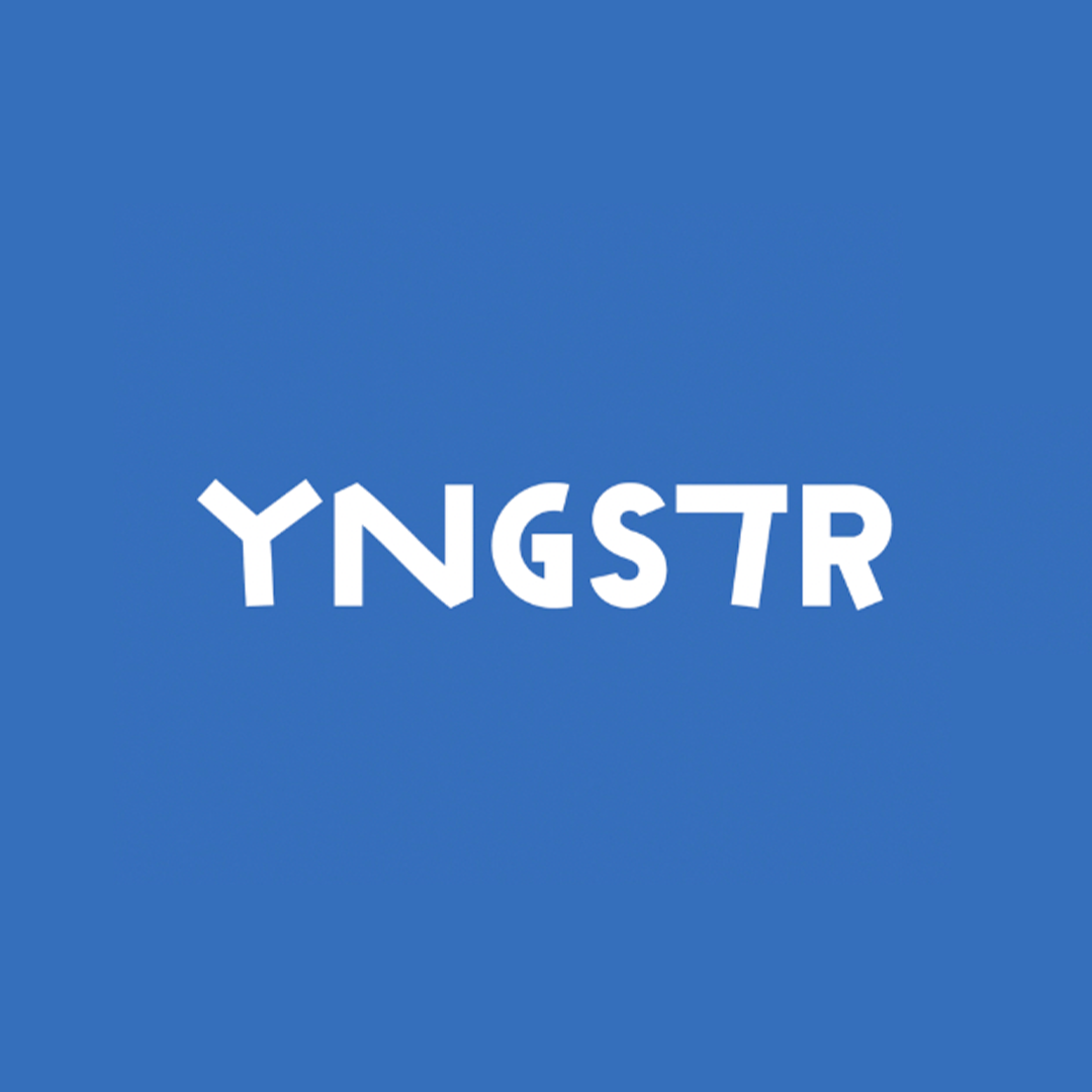 Blue background with the word 'YNGSTR' in white, bold, capitalized letters.