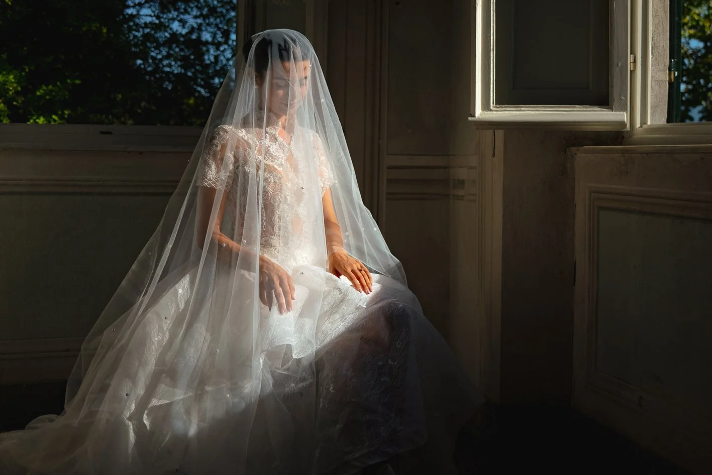 wedding bride window portrait