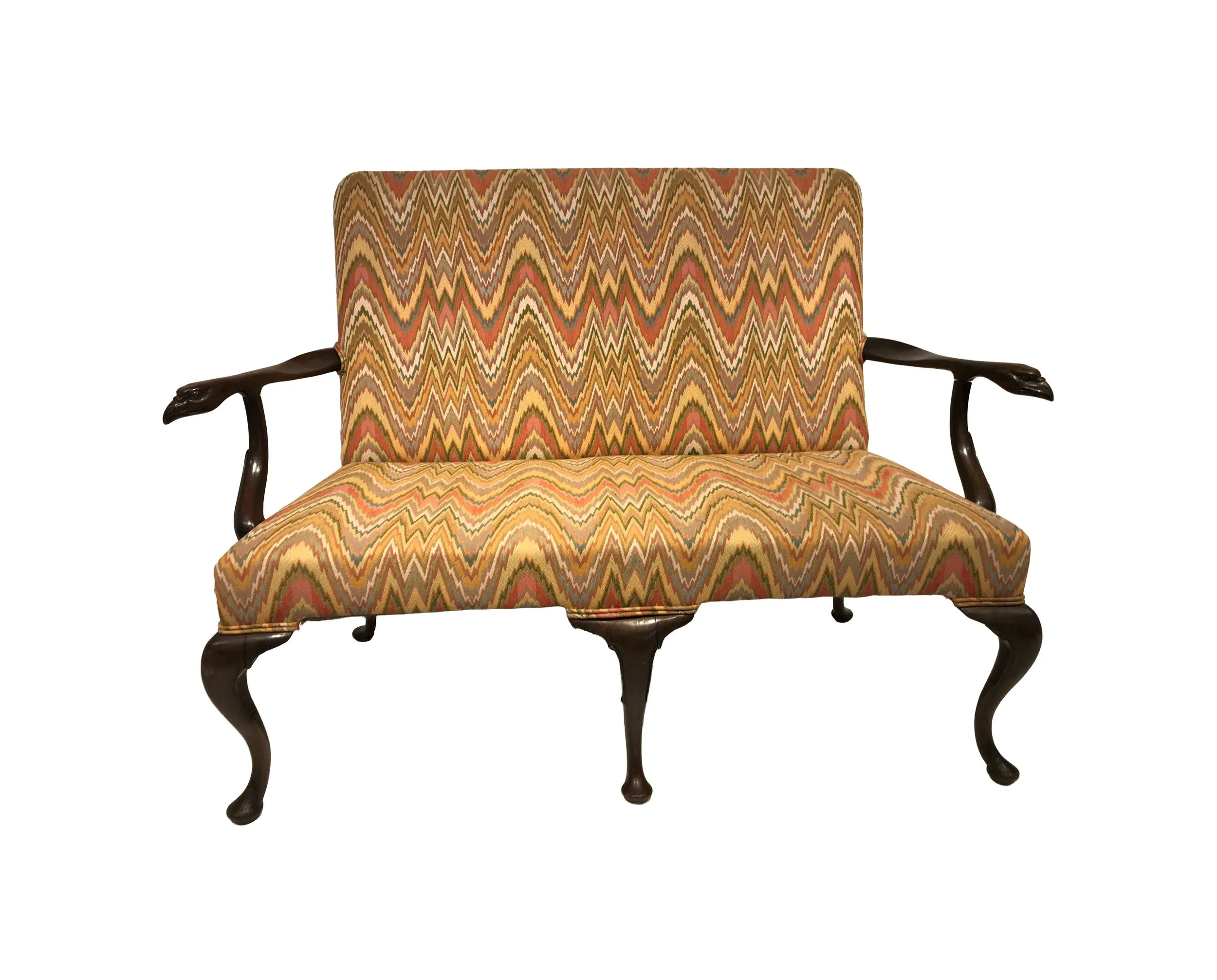 18th Century Queen Anne Walnut Settee with Point de Hongrie Flame Stitching