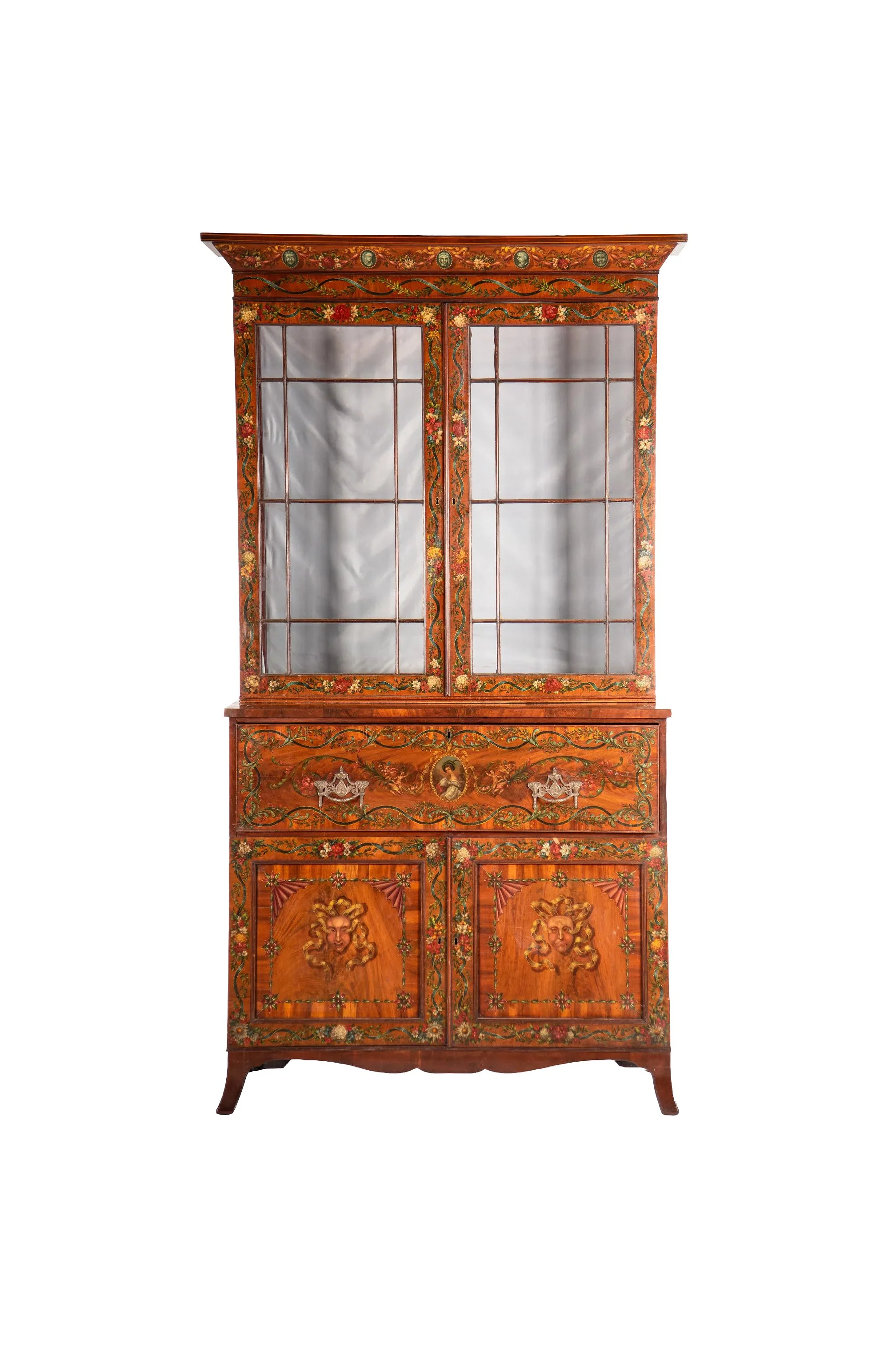 19th Century Victorian Hand-Painted Mahogany Secretary Bookcase