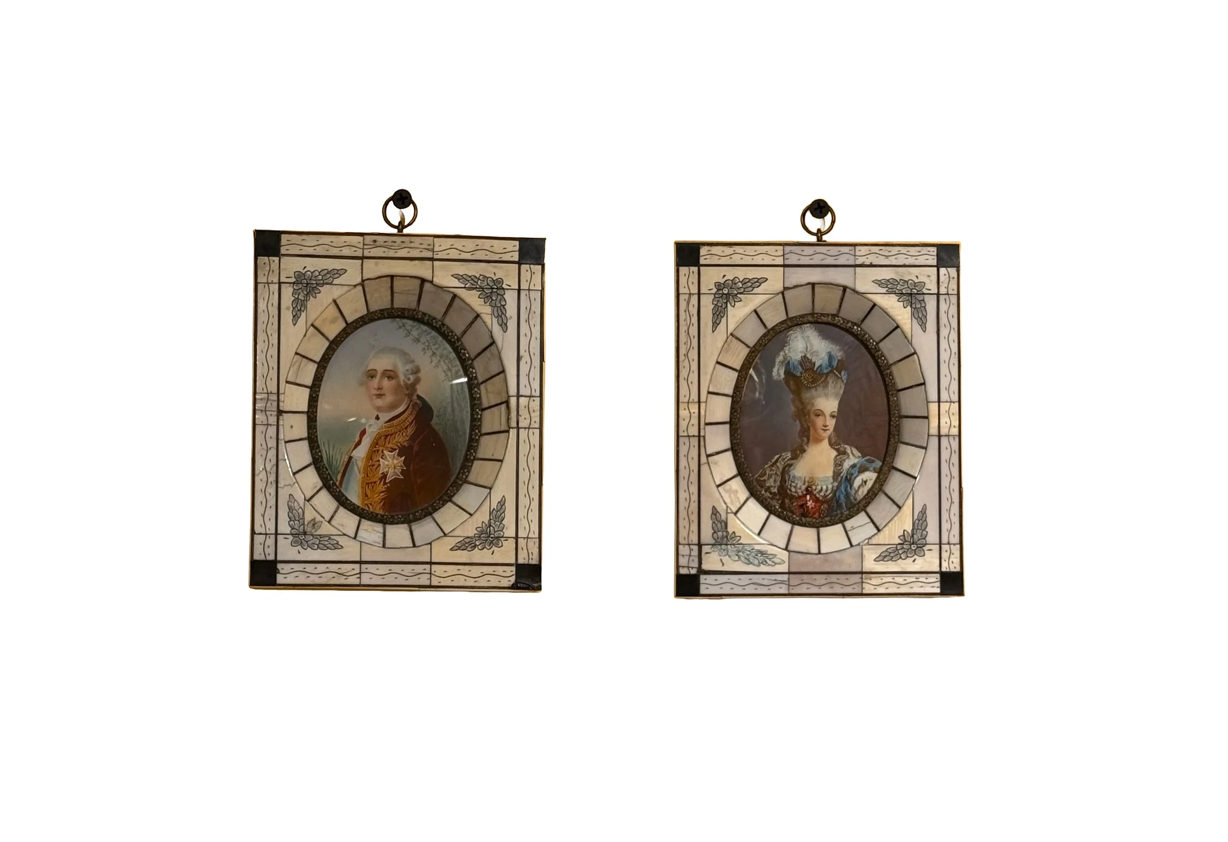 Fine Pair of 19th-Century French Grand Tour Portrait Miniatures in "Piano-Key" Bone Frames
