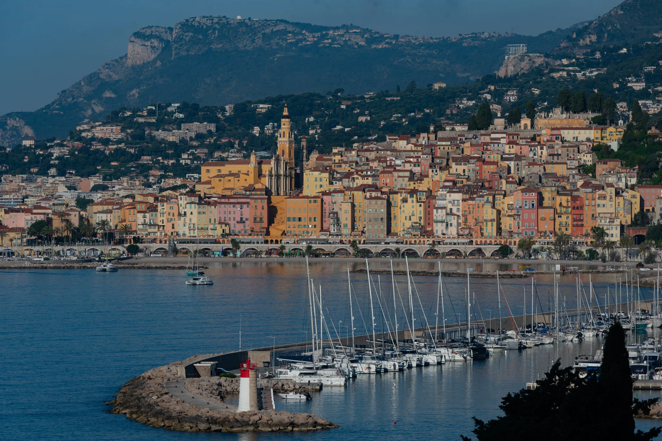 The vibrant town of Menton, on the French-Italian border, at sunrise.