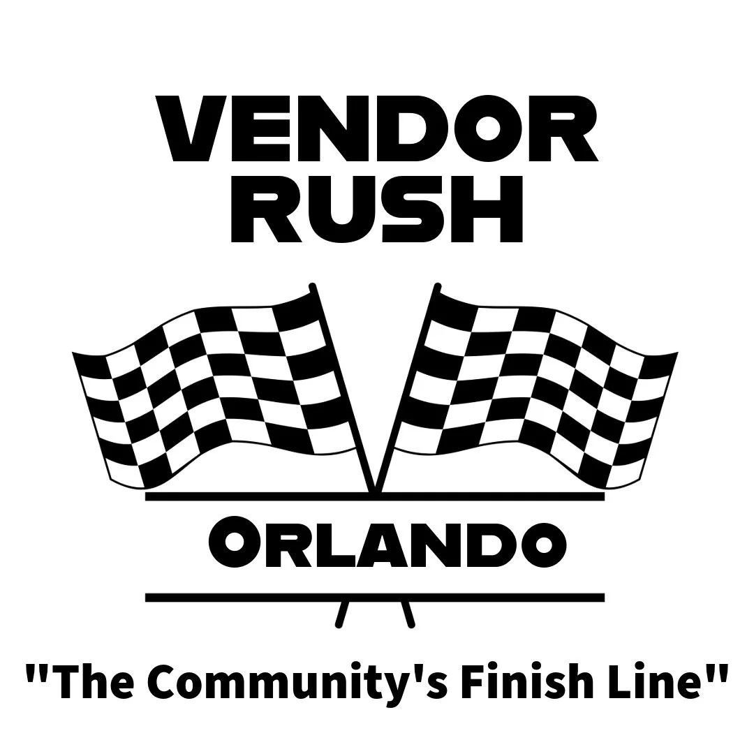 Black and white graphic with checkered flags, bold text reading "Vendor Rush Orlando," and a tagline "The Community's Finish Line."