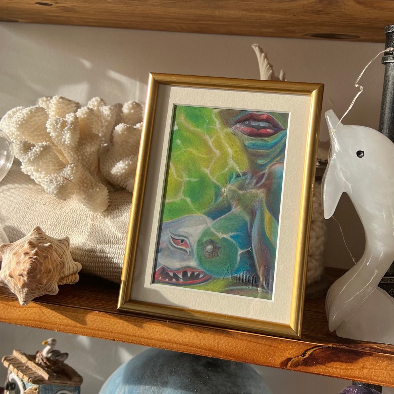 Shop+on+line+framed+pastel+painting+Sharkie+nude+female+underwater+with+shark+in+between+her+breasts+by+Coastal+Artist+Antigone+of+imexplode+in+Ocean+World+portfolio+Seascape+Art+collection+golden+frame+.jpg