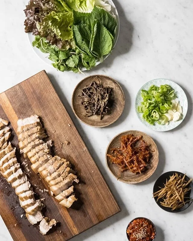 Made some #bossam aka boiled pork belly yesterday! @maangchi inspired me when she served her #ssam with mint leaves, so I tried it out with this too. I actually think mint works quite well in ssam. Similar to how #perillaleaves provide a nice bitter 