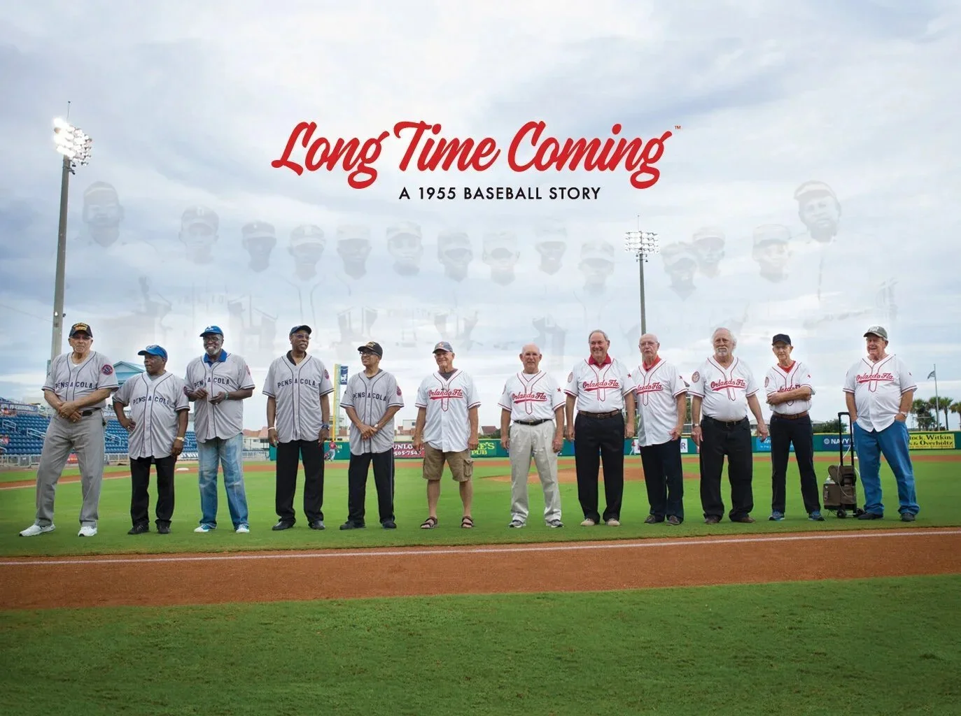 Men stand on a baseball field, superimposed with their little league team photo