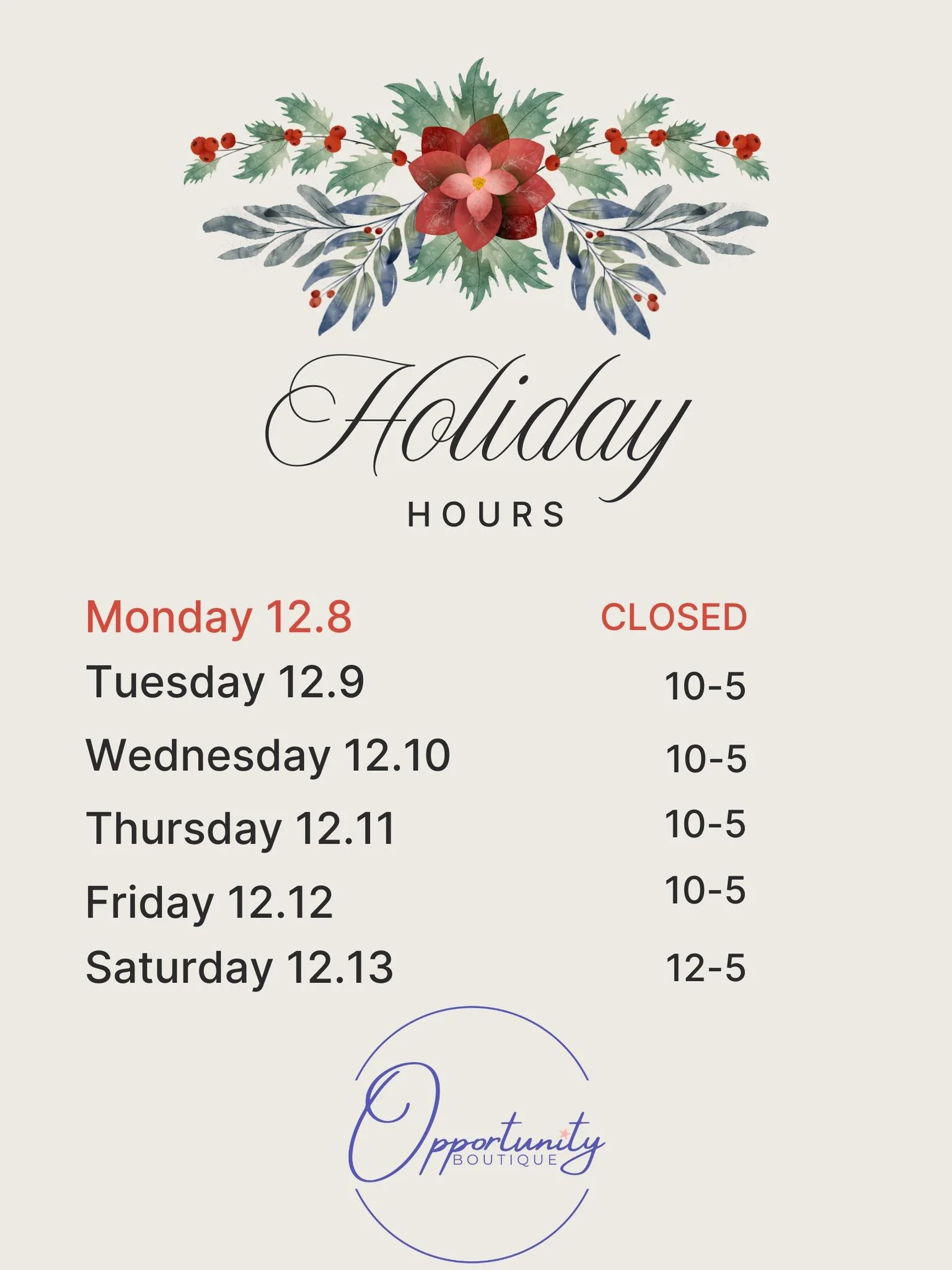 The Opportunity Boutique has a GREAT sale next week! 
Deck your wardrobe, or do some holiday shopping with fashionable deals!
Please note, our hours will vary a bit next week as well.