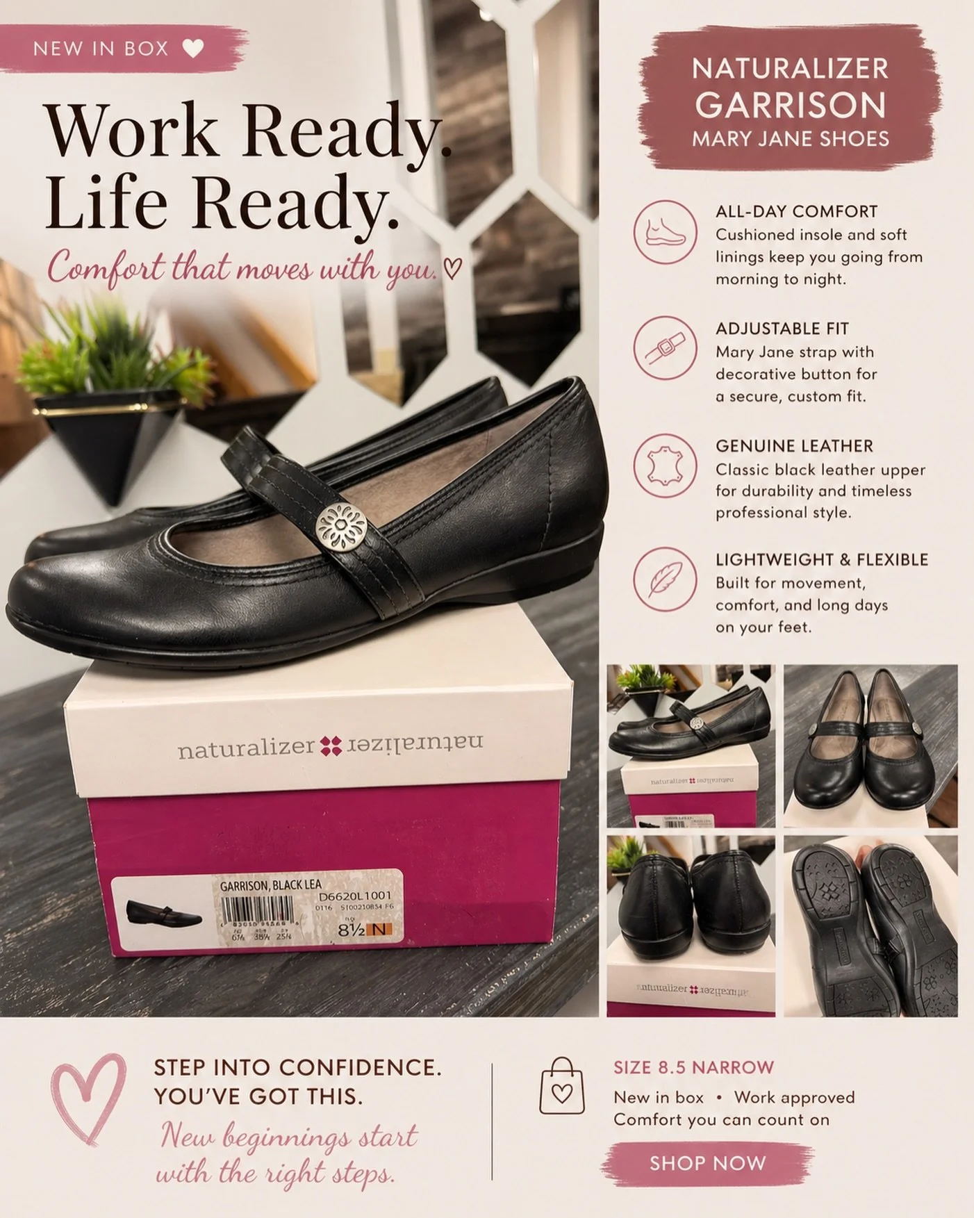 Classic Naturalizer &ldquo;Garrison&rdquo; Mary Jane flats in soft black leather&mdash;designed for everyday comfort with a clean, timeless look. Size 8.5 narrow. New in box. Available on Poshmark and in boutique only $25. All proceeds support women.