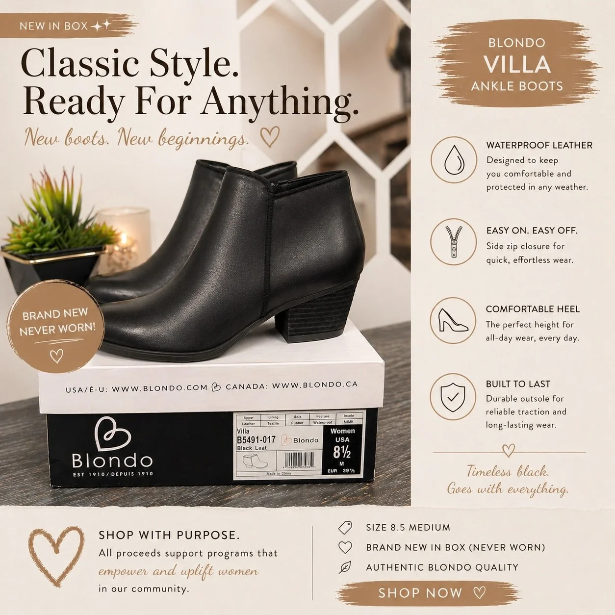 Brand new Blondo Villa ankle boots in classic black leather&mdash;never worn and in excellent condition.

Blondo is known for combining style with function, and this pair delivers both. Featuring waterproof leather, a comfortable stacked heel, and a 