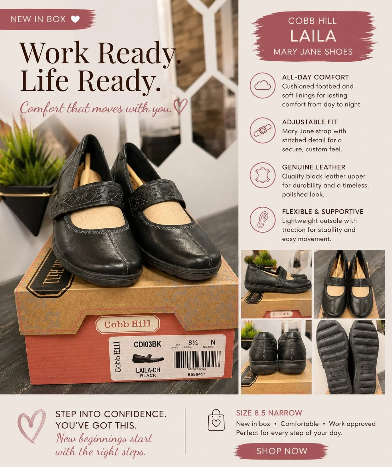 Beautiful Cobb Hill &ldquo;Laila&rdquo; Mary Jane shoes in soft black leather&mdash;crafted with comfort and everyday wear in mind. Cobb Hill (by Rockport) is known for supportive, high-quality footwear, and this pair is no exception. Available now i