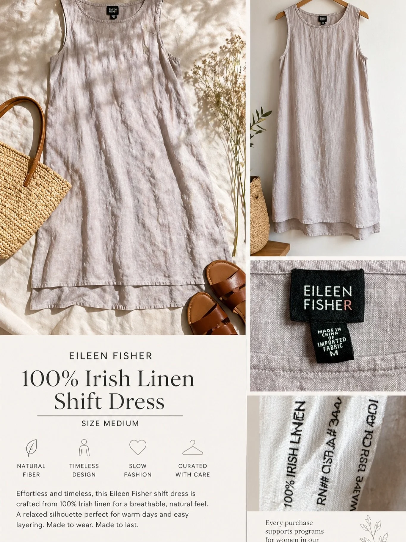 Some pieces don&rsquo;t need to try too hard.
They just are.

This 100% Irish linen dress by Eileen Fisher is one of those&mdash;breathable, timeless, and made to be worn again and again.

At the Opportunity Boutique, we&rsquo;re being more intention