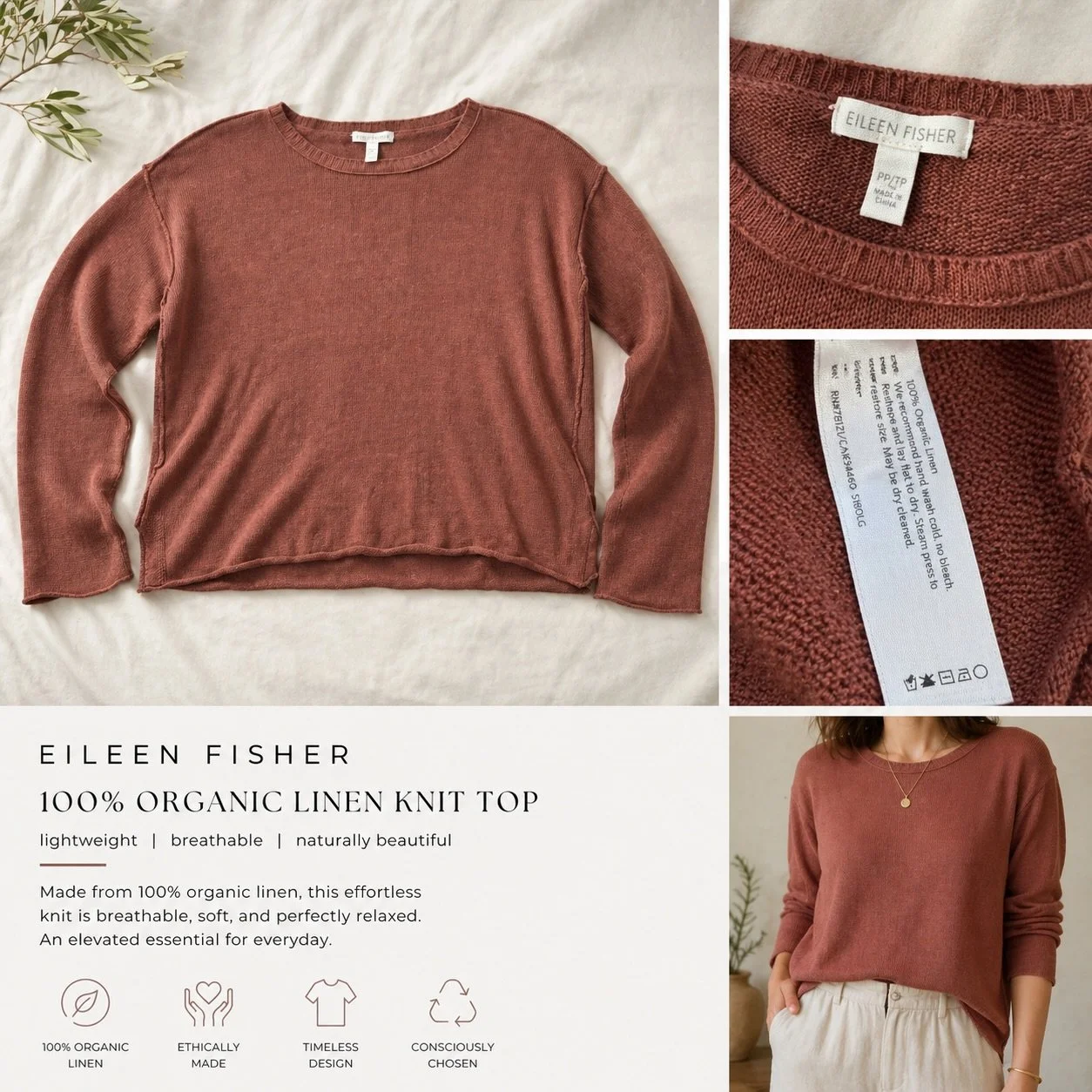 Crafted from 100% organic linen, it has a soft, relaxed drape and that perfectly lived-in texture linen is known for. The warm terracotta/rust tone works beautifully year-round.

Sized Petite Petite (PP) &mdash; best fits approximately Petite 2&ndash