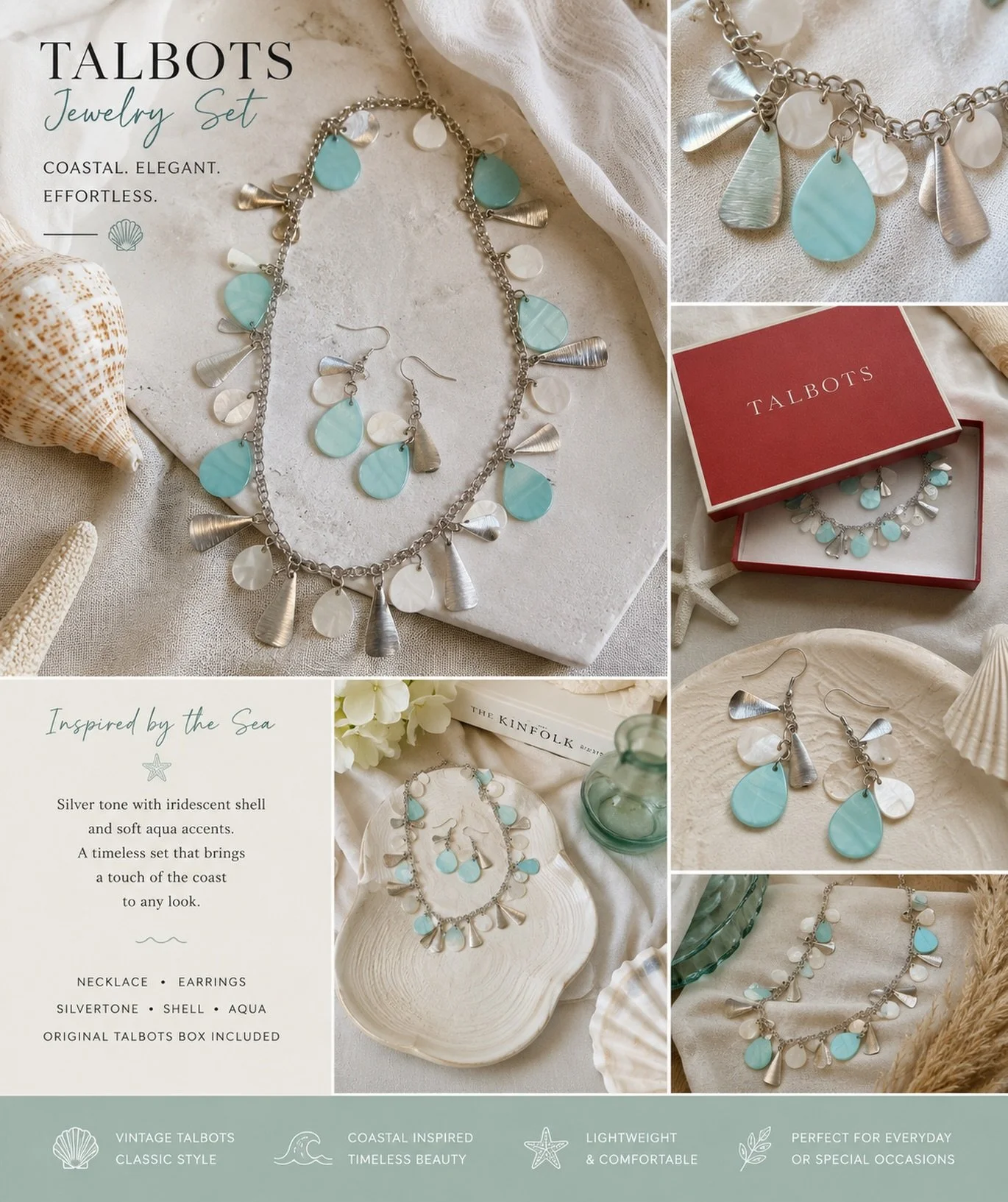 Soft aqua. Silver shimmer. A little bit coastal, a little bit vintage ✨

This beautiful Talbots jewelry set caught our eye immediately with its iridescent shell-inspired details and elegant brushed silver accents. The kind of timeless piece that feel