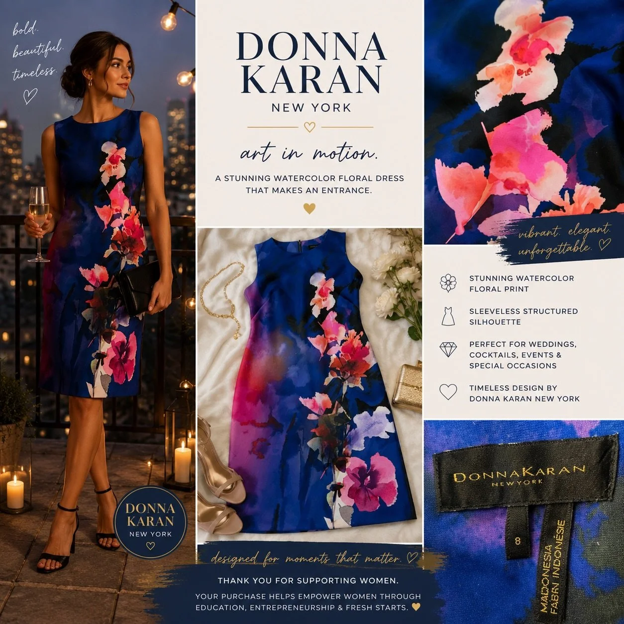 This dress is pure art. ✨

Stunning Donna Karan watercolor floral dress in rich cobalt blue, fuchsia, violet, and blush tones &mdash; elegant, bold, and impossible not to notice.

The kind of piece that feels made for weddings, rooftop dinners, galle