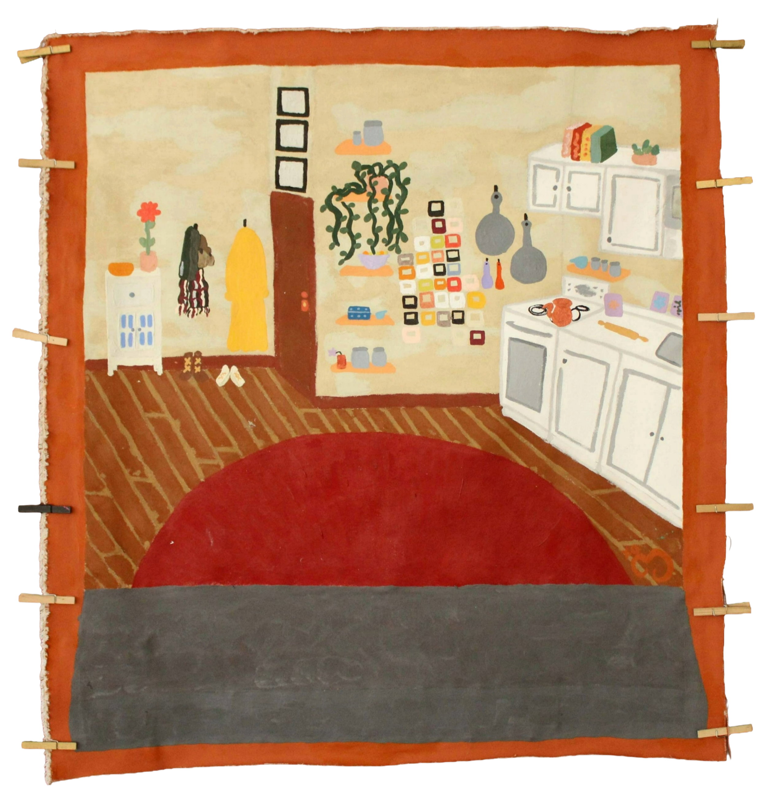 painting of a window with a deep orange brick outline and a grey windowsill leads to a red carpet on wood floors with beige and grey smudge walls with art, shelved, coat hooks with bags and shoes and white cabinets. clips line the right and left side