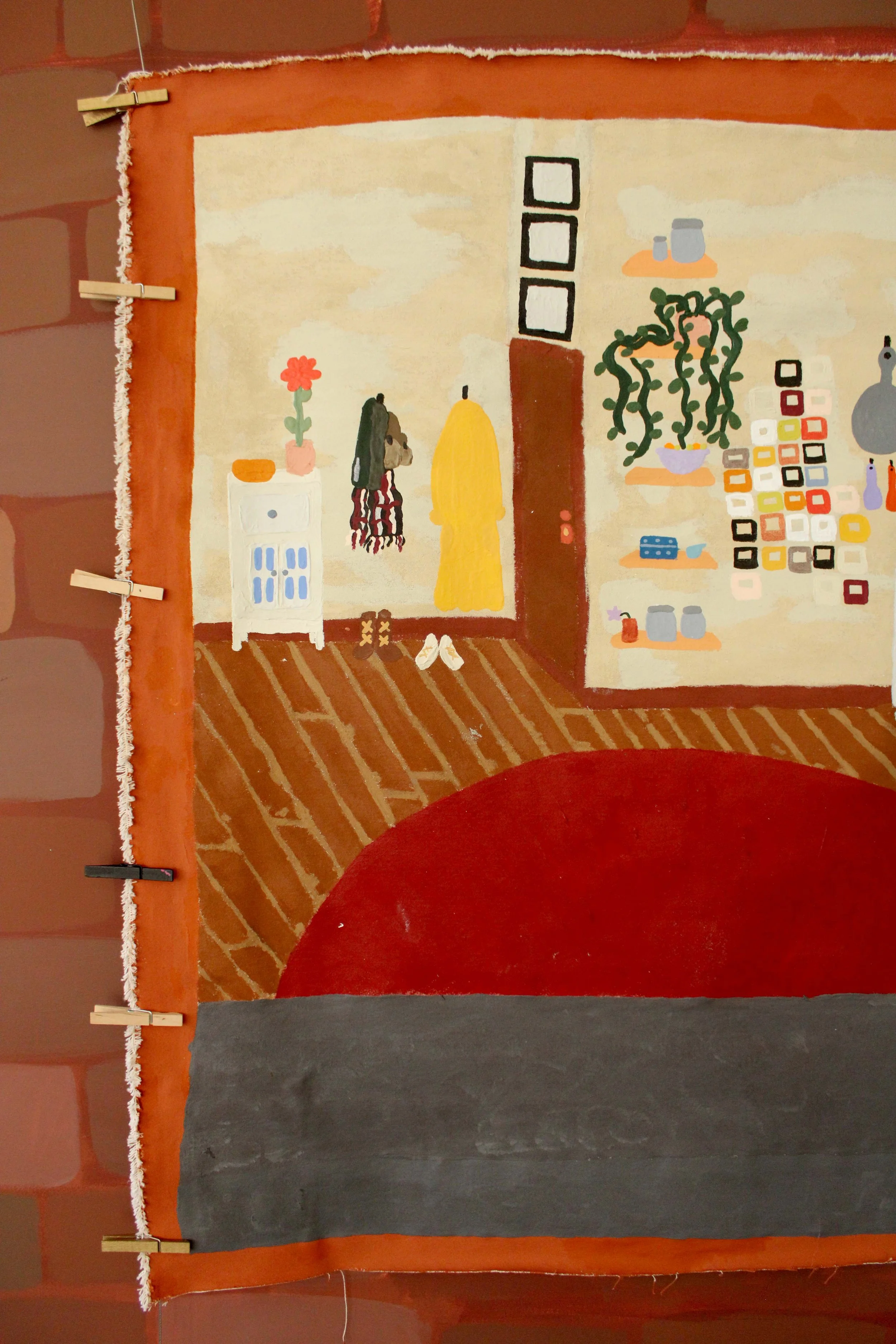 painting of a window with a deep orange brick outline and a grey windowsill leads to a red carpet on wood floors with beige and grey smudge walls with art, shelved, coat hooks with bags and shoes and white cabinets. clips line the right and left side