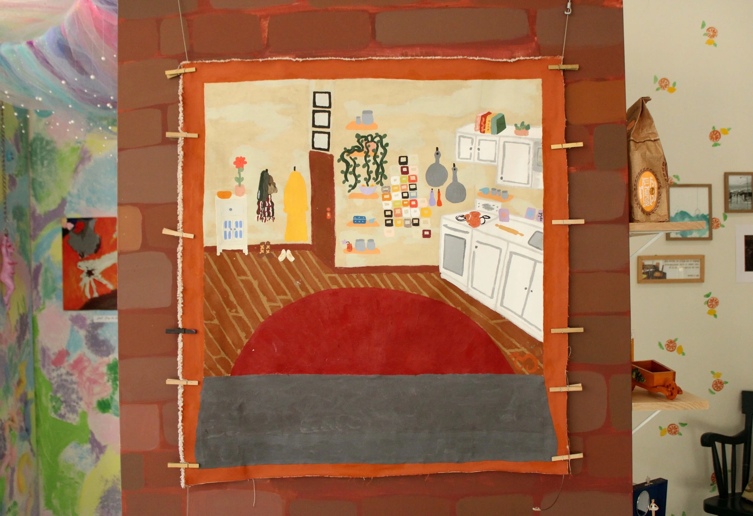 painting of a window with a deep orange brick outline and a grey windowsill leads to a red carpet on wood floors with beige and grey smudge walls with art, shelved, coat hooks with bags and shoes and white cabinets. clips line the right and left side