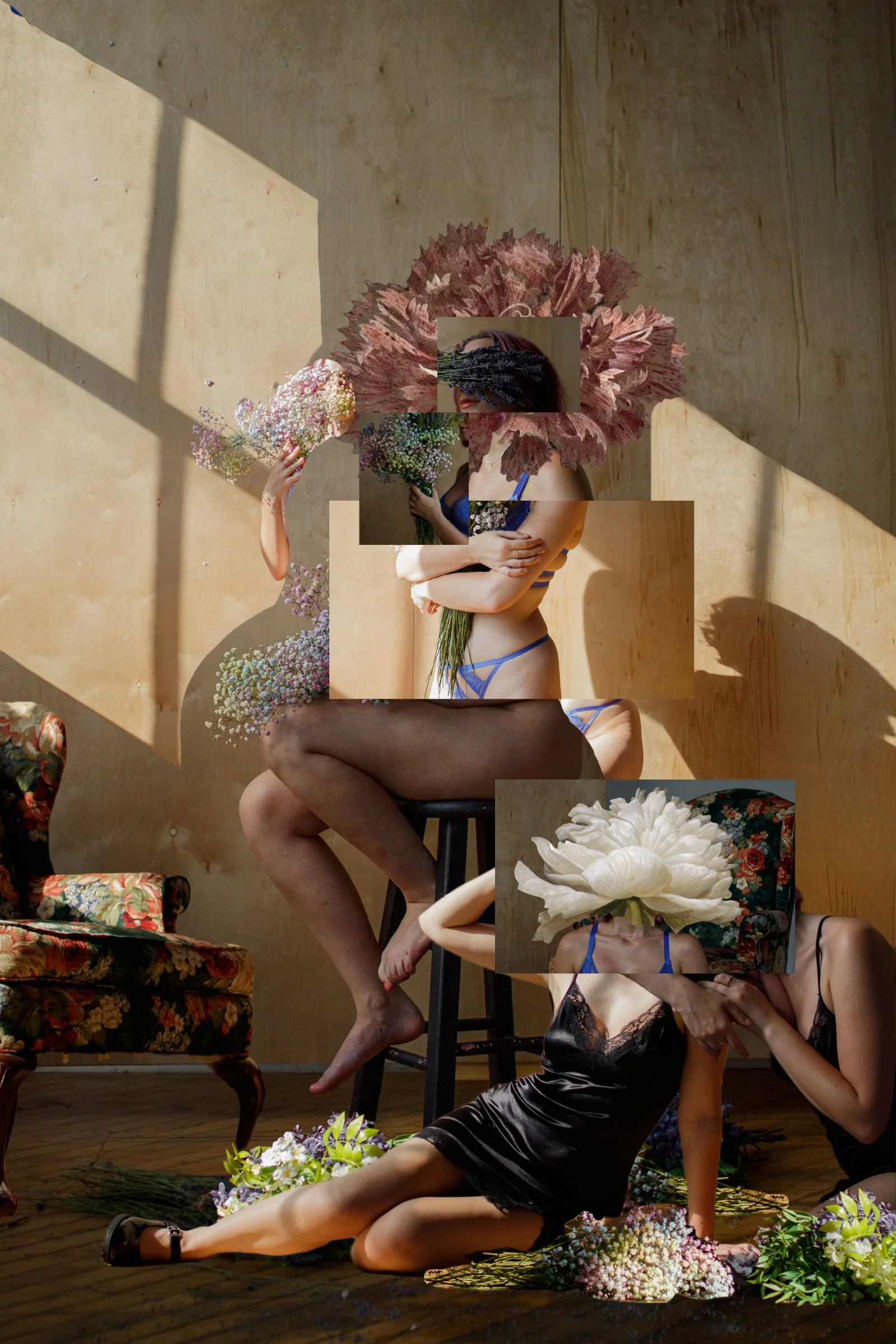 digital photo artist collage with different body parts of the same person holding and surrounded by flowers covering her face  and eyes. there is light coming from the left side.