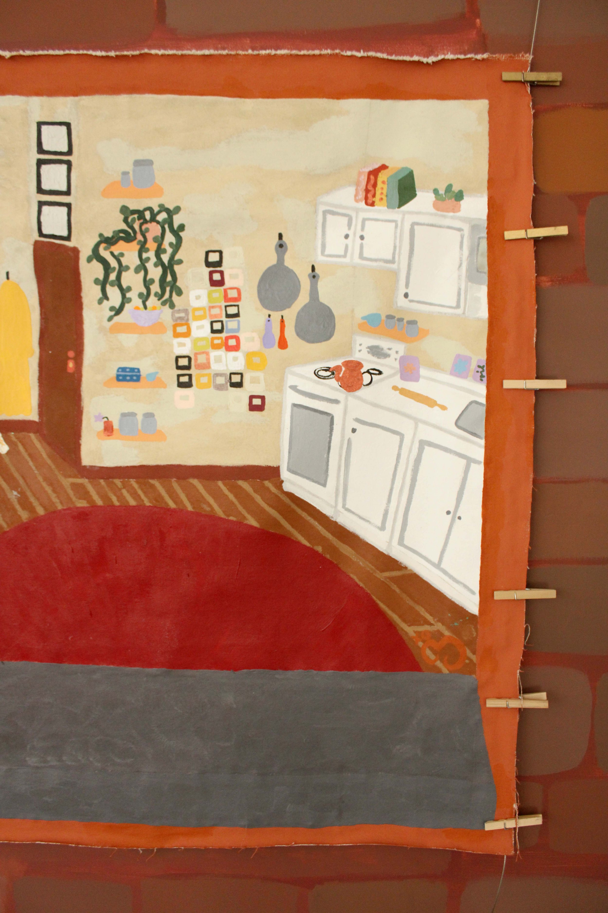 painting of a window with a deep orange brick outline and a grey windowsill leads to a red carpet on wood floors with beige and grey smudge walls with art, shelved, coat hooks with bags and shoes and white cabinets. clips line the right and left side