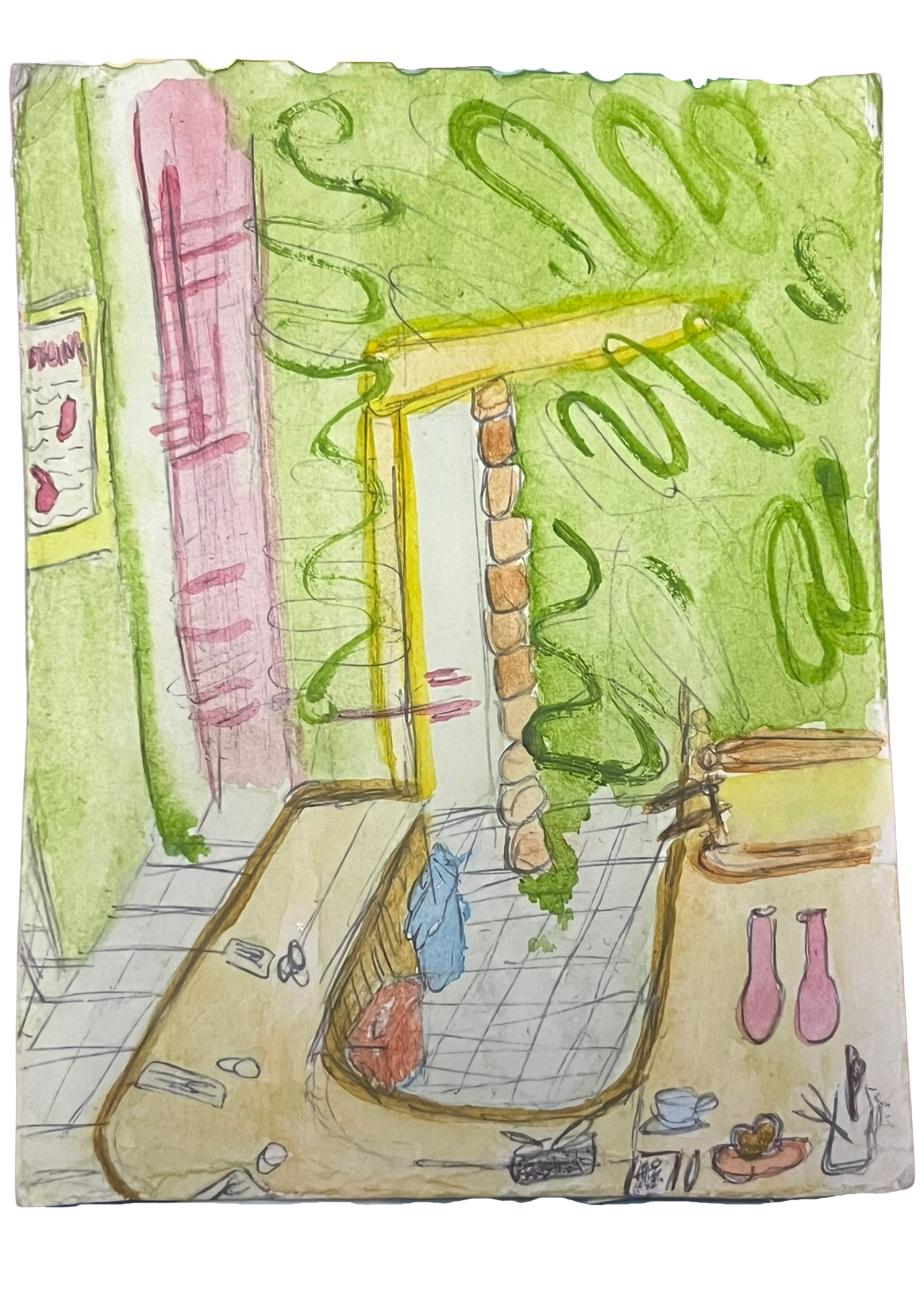 watercolor from the viewpoint of the corner bar seat inside 'Good Thanks' cafe in NYC. there are squiggly green walls, a u-shaped bar, pink nooks and a sign.
