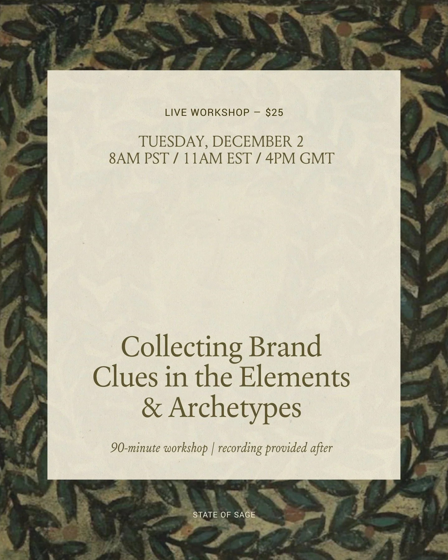[Workshop Invitation &mdash; Tuesday, Dec 2]

Anchor your brand in the wisdom of the elements and archetypes as you close the year. 

I'm hosting an interactive workshop to guide you through my favorite brand grounding exercises. 

I promise this wil