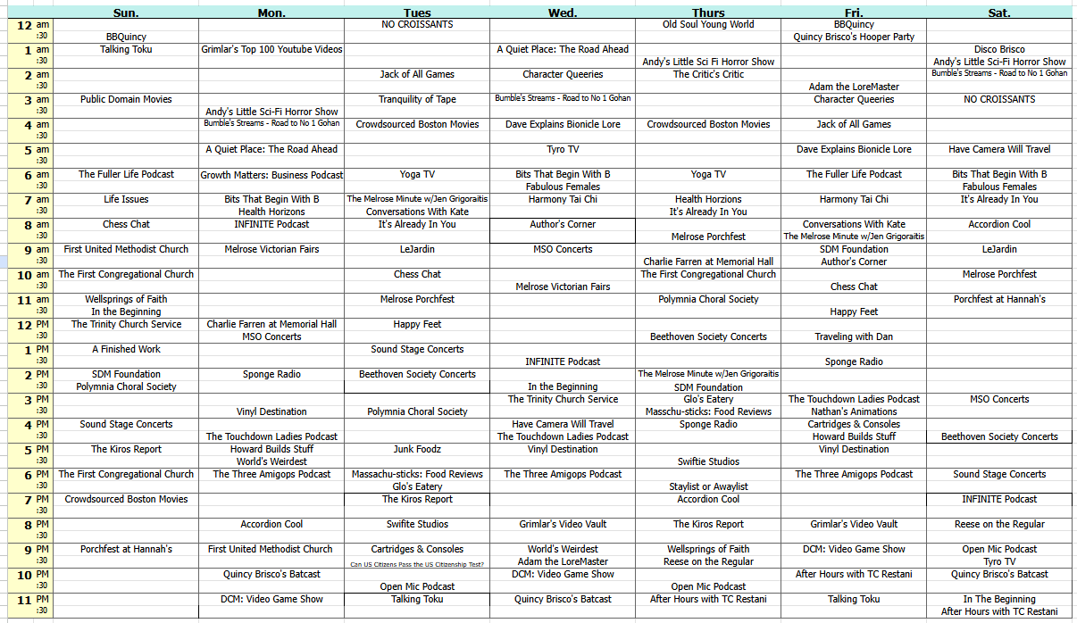 Weekly schedule with daily time slots from 12 am to 11 pm, listing various TV shows, podcasts, and local events across days of the week, including activities like movie screenings, music concerts, church services, and game shows.