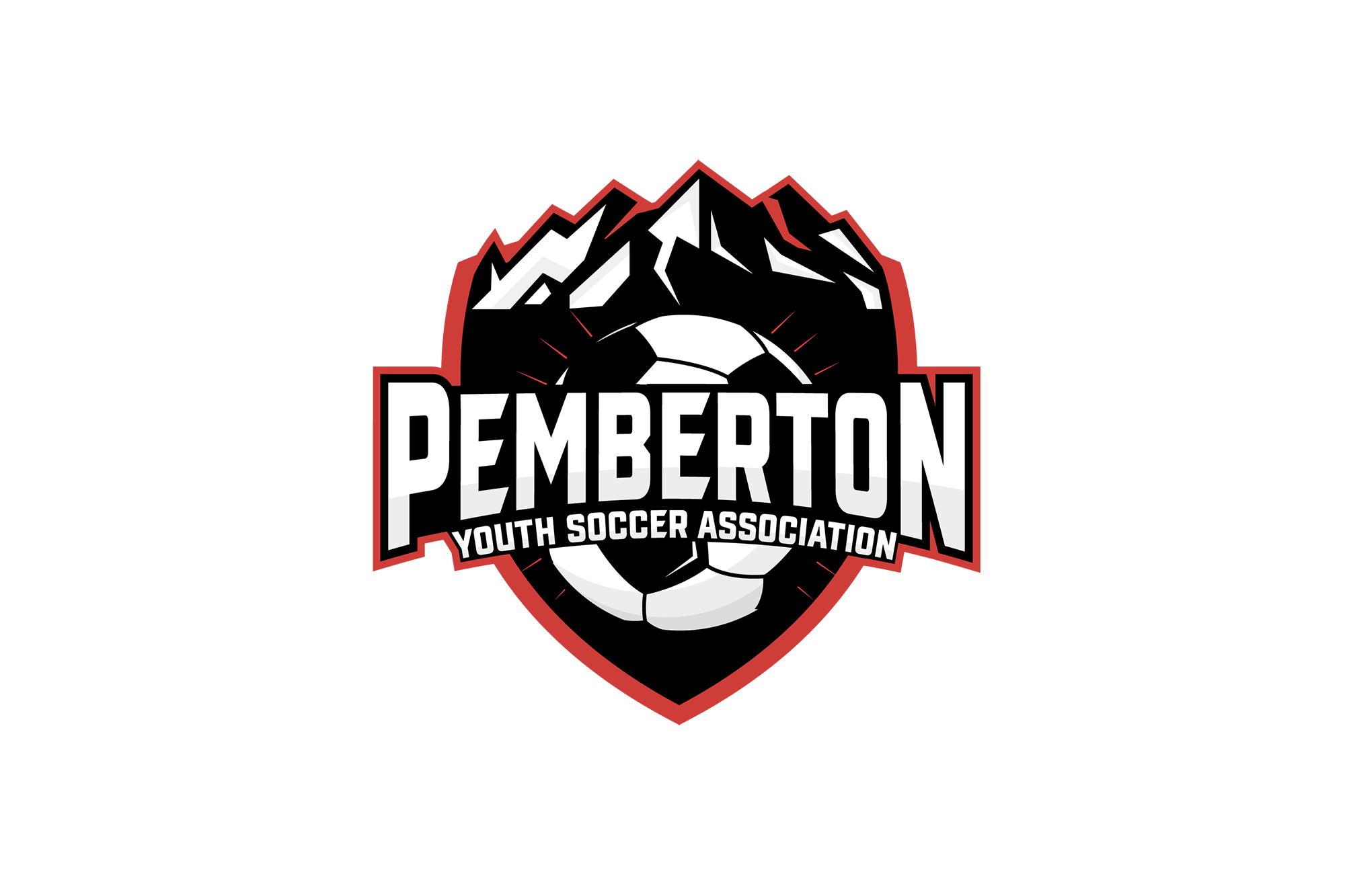 Logo of Pemberton Youth Soccer Association featuring a mountain, soccer ball, and text.
