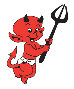 Cartoon of a cute little devil with red skin, black horns, a tail, and white shorts, holding a small trident.