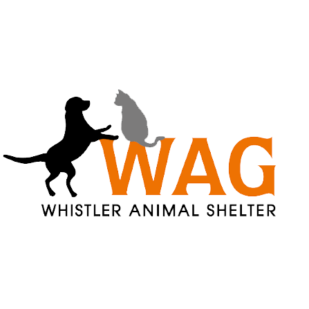 A logo for Whistler Animal Shelter featuring a dog and cat silhouette with the text 'WAG' in orange and 'Whistler Animal Shelter' underneath.