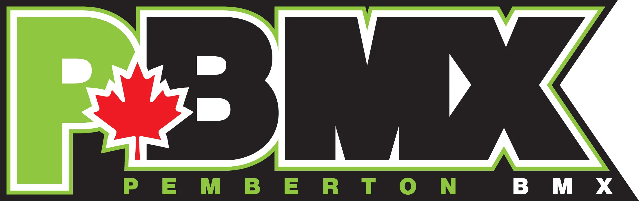 Logo for PBMX Pemberton BMX, featuring the letters 'P' in green, 'BMX' in black with white outline, and a red maple leaf in the center.