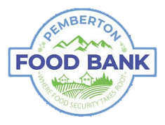 Logo of Pemberton Food Bank with mountains, trees, and a rural scene in green and blue colors.