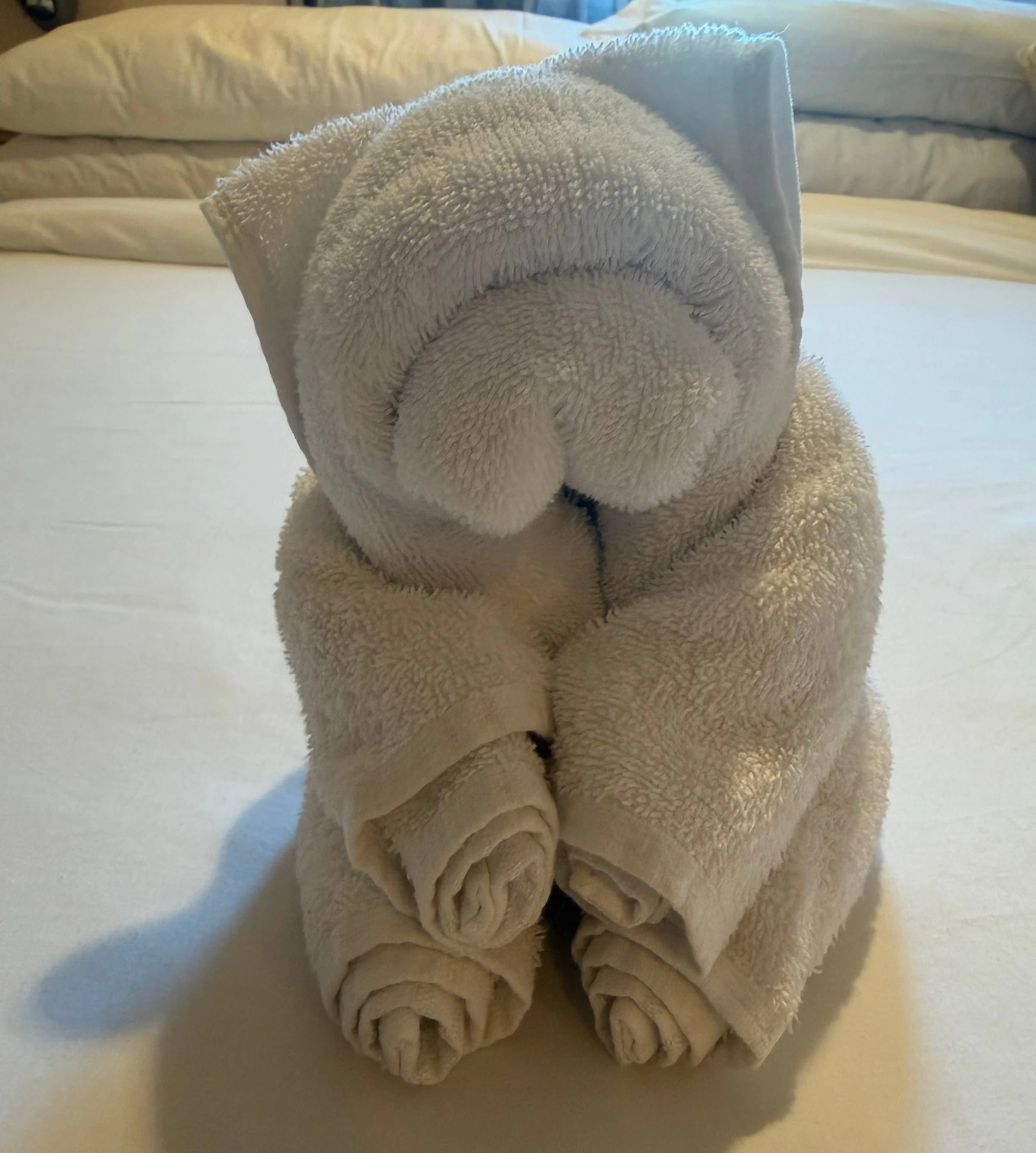Towel folded into bear on hotel bed