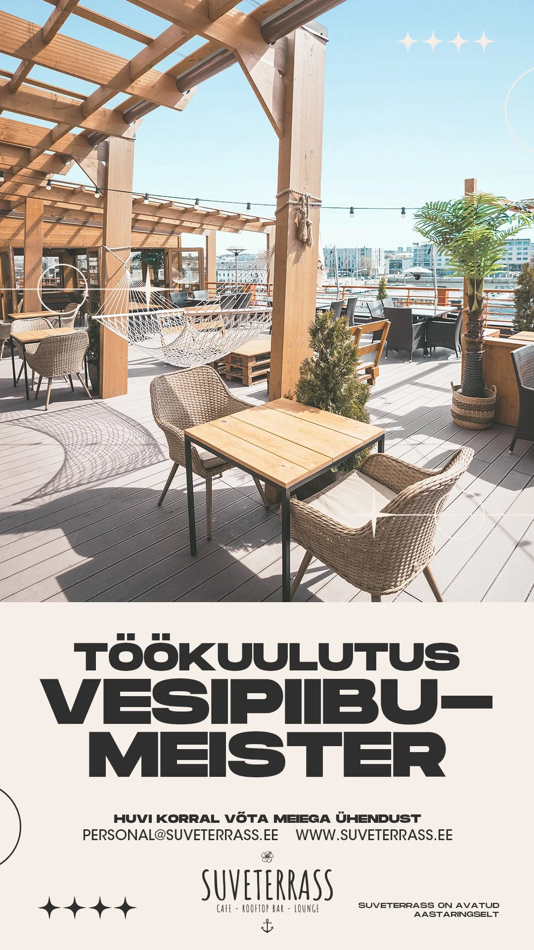 Töökuulutus restoran-lounge suveterrassil vesipiibumeister
