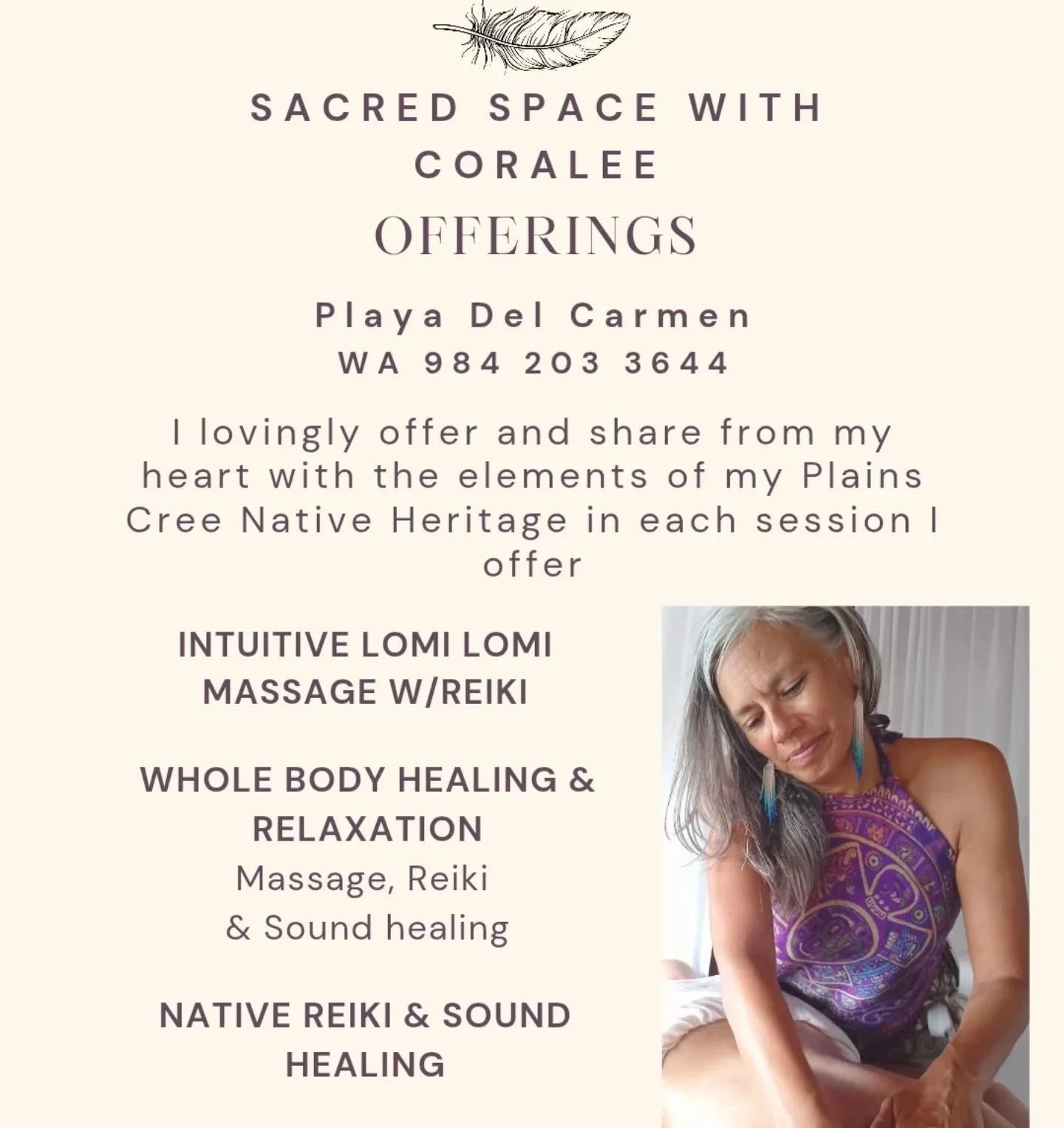 Hola Playa community!

I am happy to back in Playa for the season! 
I lovingly offer my services to you!

My sessions can be light or deep depending on what your mind, body, and spirit need.  My services bring an energetic clearing, grounding, relaxi