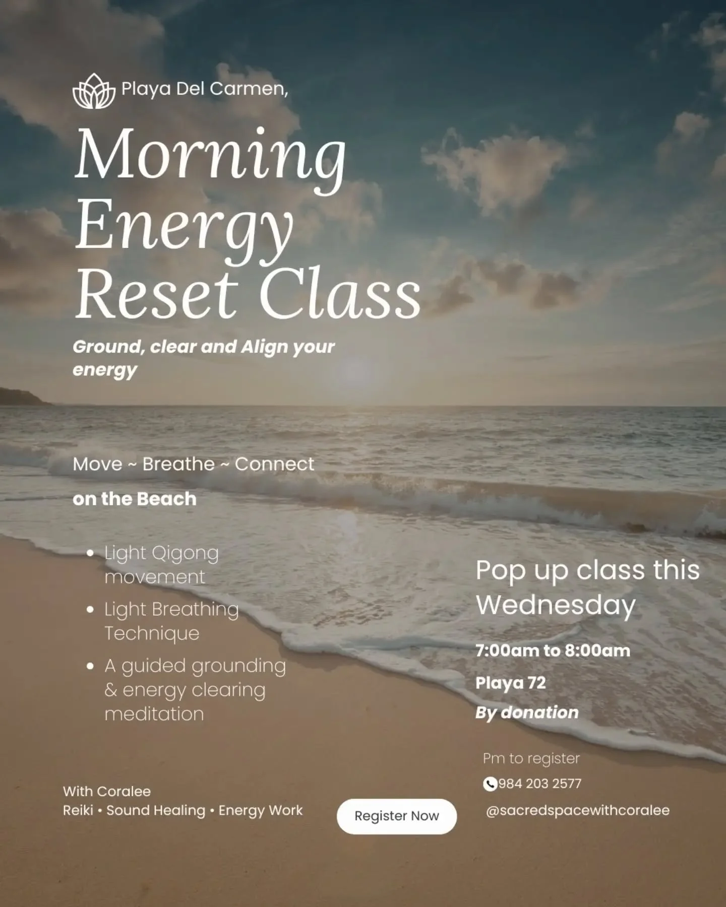 Hola Playa community 💛

This week I&rsquo;m offering a pop-up Morning Energy Reset on the beach

A guided morning practice to help you ground your body, clear your energy, and reconnect with yourself.

We&rsquo;ll move gently, work with the breath, 