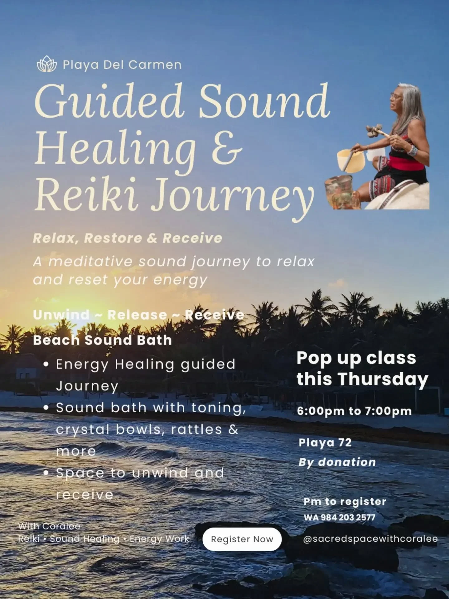 Hola Playa community 🌅

This week I&rsquo;m offering a Guided Sound Healing &amp; Reiki Journey on the beach (I may have a special guest joining me in sharing her healing energy as well) Relax, Restore &amp; Receive~

This will be a meditative sound