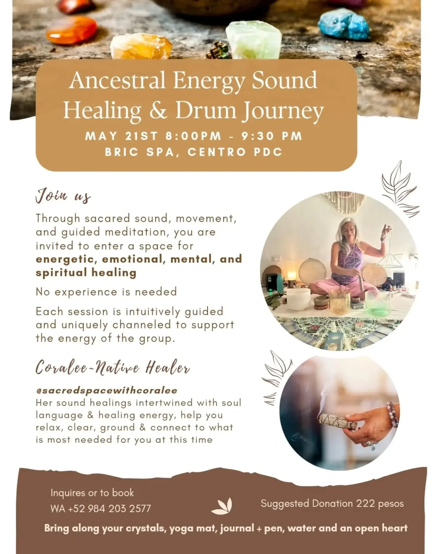 Hola beautiful community 🌿✨

You are warmly invited to join me this Thursday evening for an Ancestral Sound Healing &amp; Drum Journey &mdash; a nourishing space to relax, reconnect, release, and journey inward 🌙

🪶 Through sacred sound healing, d
