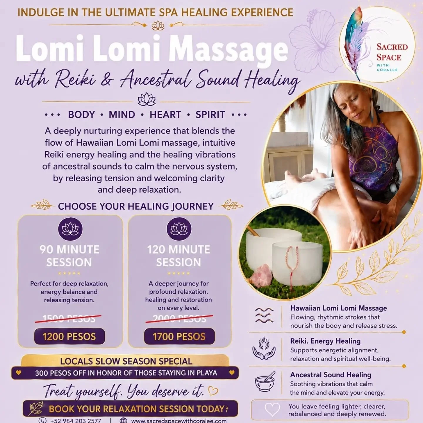 Hola Playa community 💜✨
LOCALS SLOW SEASON SPECIAL 👐🏼
I lovingly offer healing sessions to support your mind, body, spirit &amp; energetic body.

Each session is intuitively guided and can be light, nurturing and deeply relaxing, or more focused a