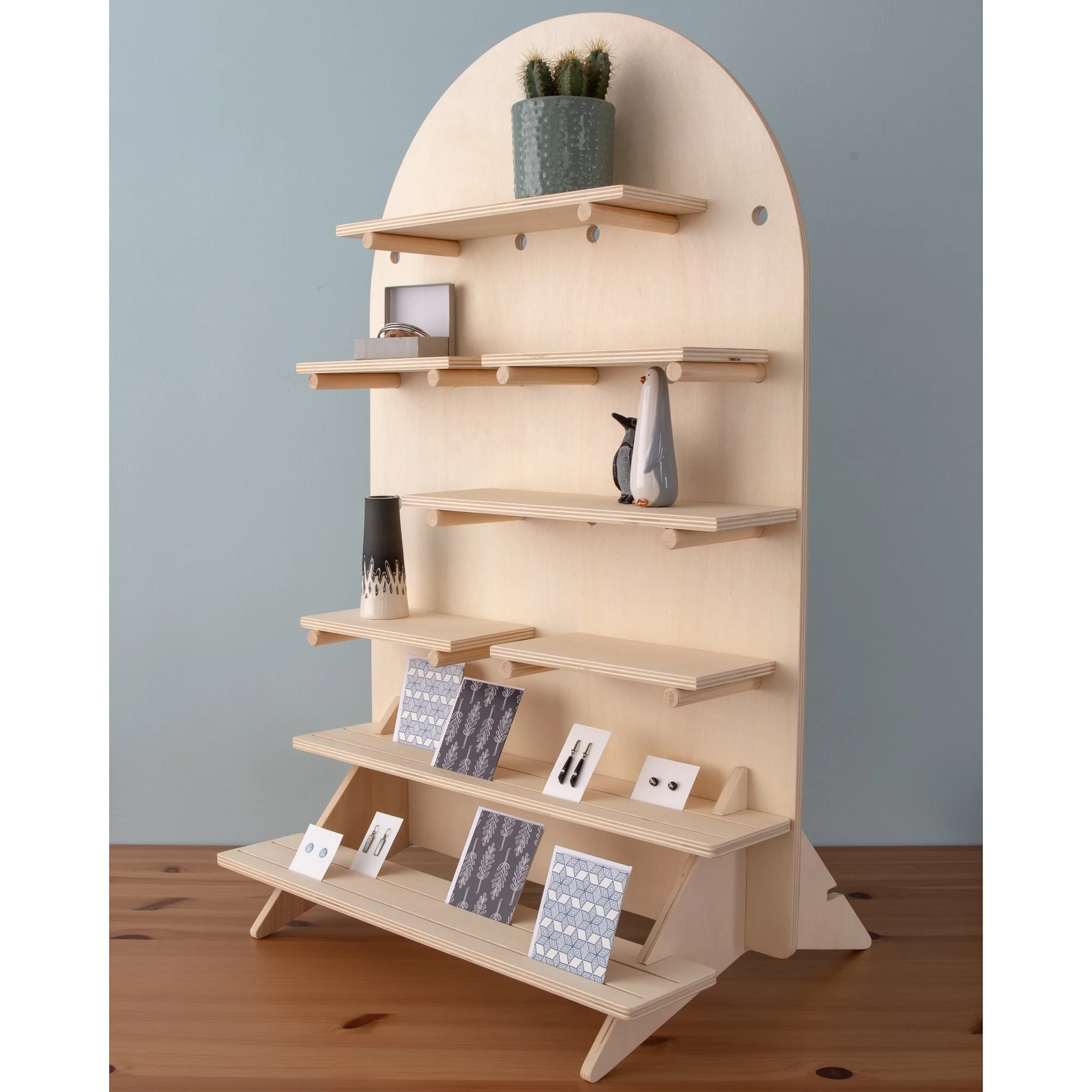 Curved Table Top Pegboard Display Stand with Tiered Shelving — Dust Shack
