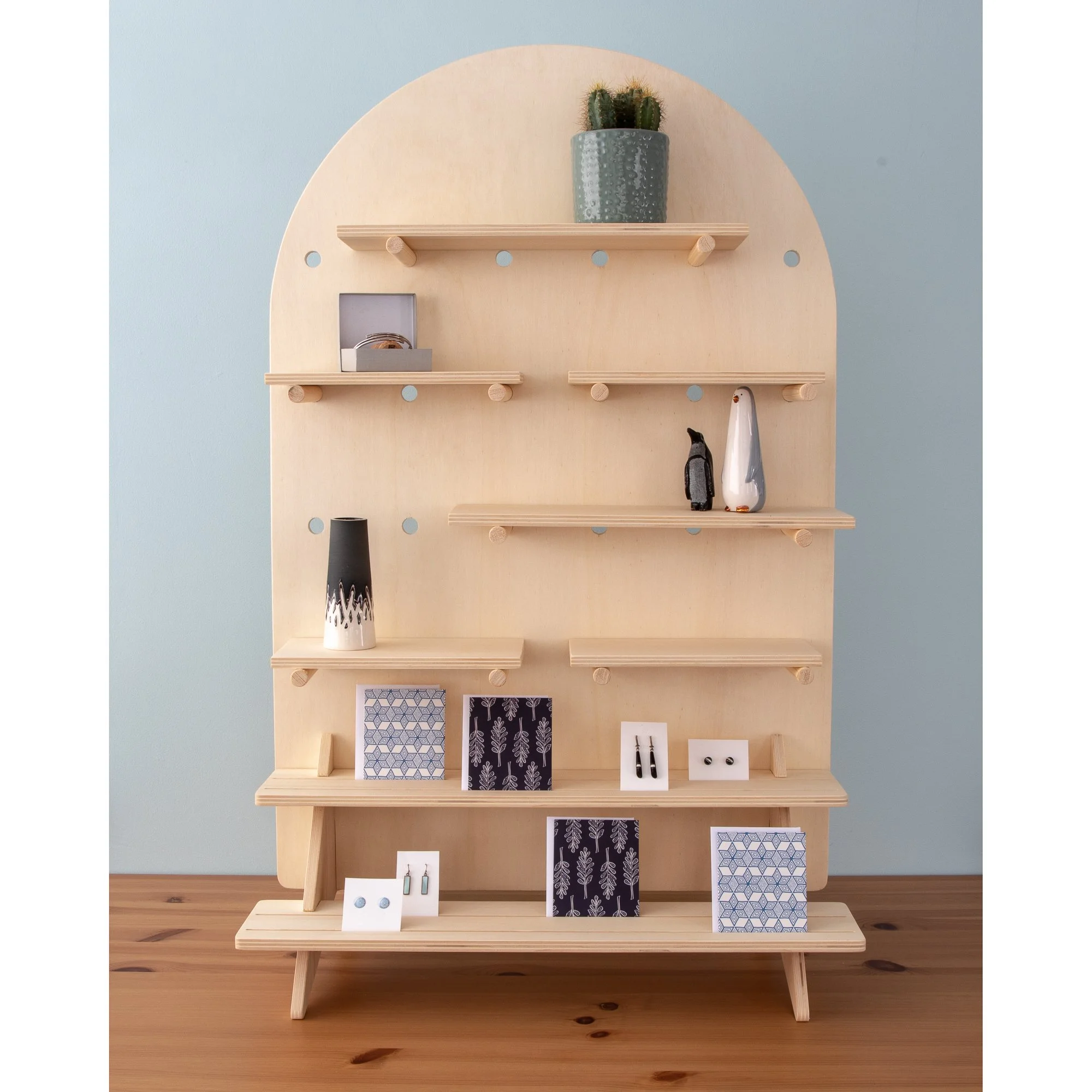 Curved Table Top Pegboard Display Stand with Tiered Shelving — Dust Shack