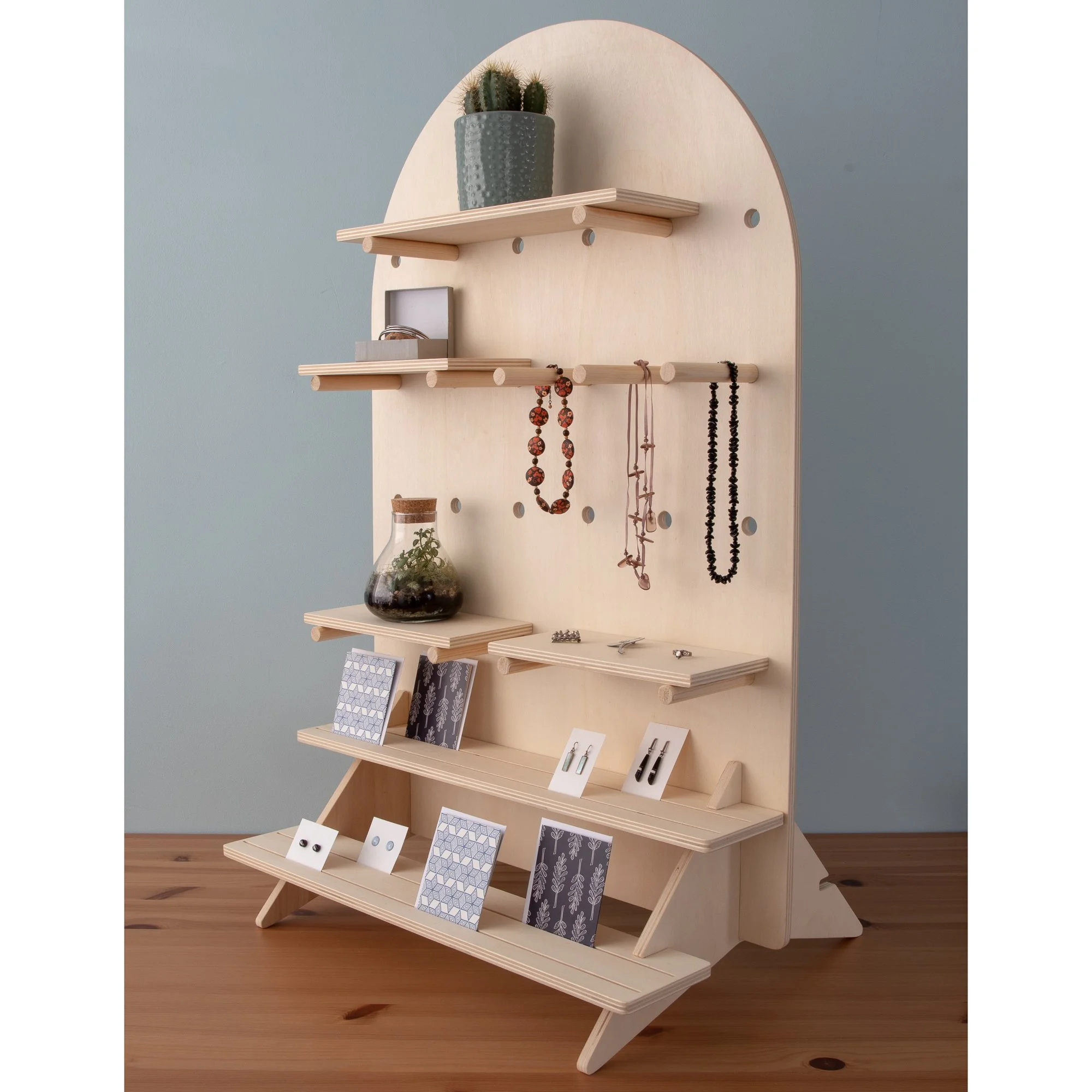 Curved Table Top Pegboard Display Stand with Tiered Shelving — Dust Shack