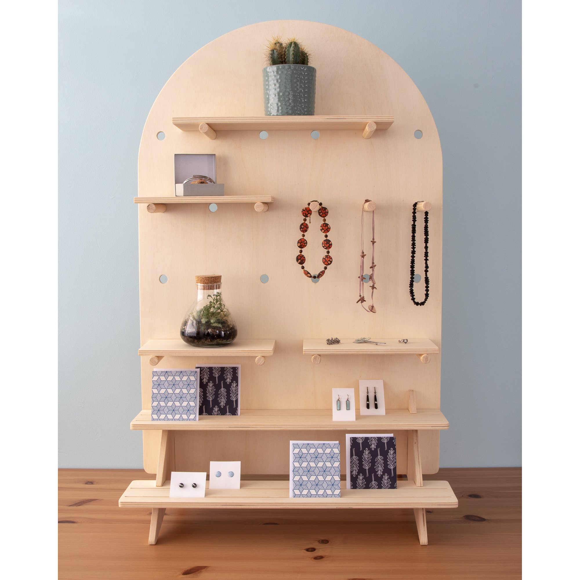 Curved Table Top Pegboard Display Stand with Tiered Shelving — Dust Shack