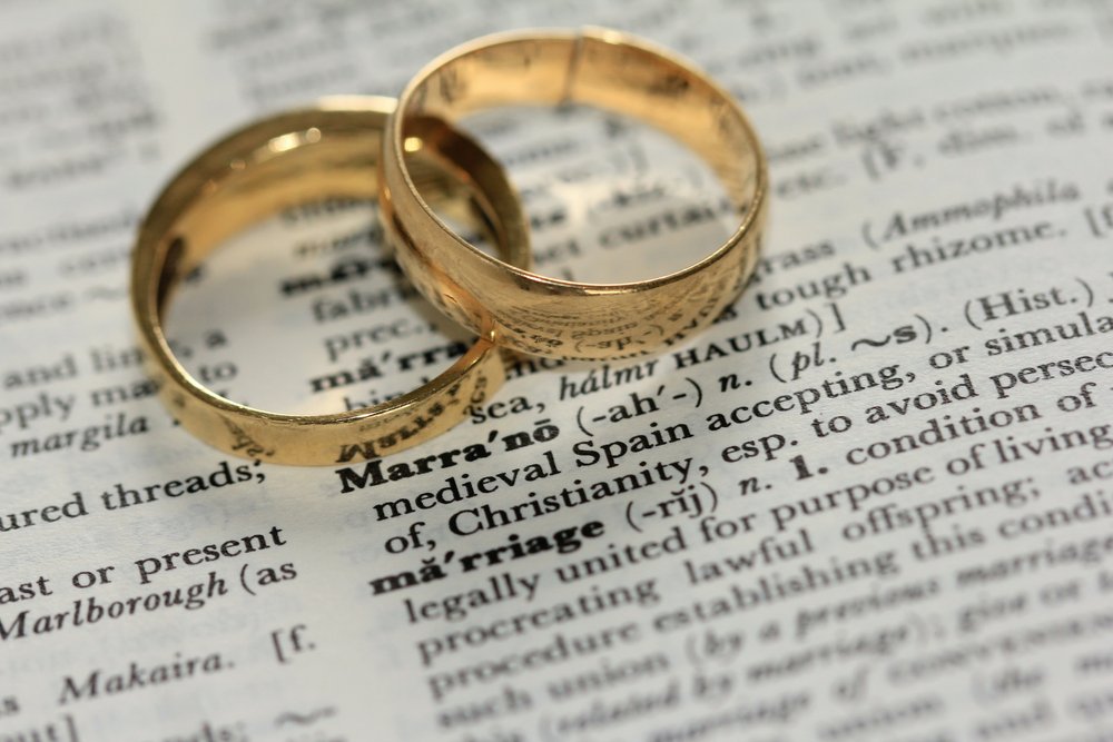 Two wedding bands laying on a page in a dictionary showing the definition of marriage
